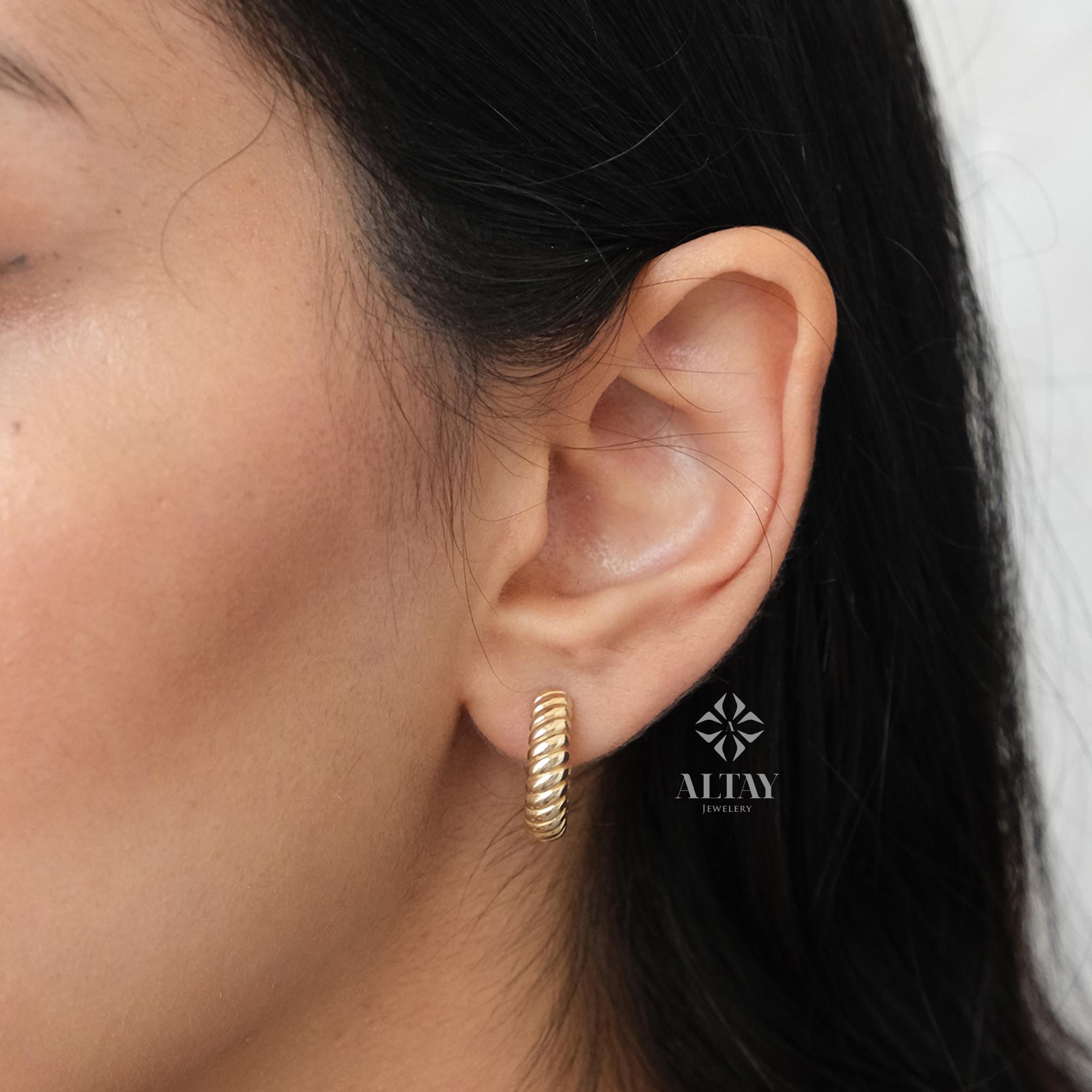 14K Gold Croissant Hoop Earrings, 15mm Round Thick Chunky Hoops Gold Earrings, French Hoop Earrings, Statement Earrings, Women Bold Hoops
