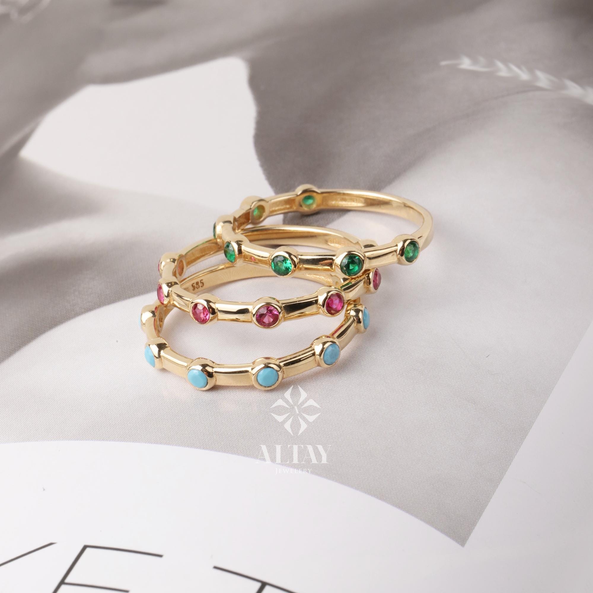 14K Gold Engagement Ring, Multi stone Gold Ring, Art Deco Band Ring, Promise Ring, Birthstone Ring, Stacking Bridal Ring, Beaded Gold Ring