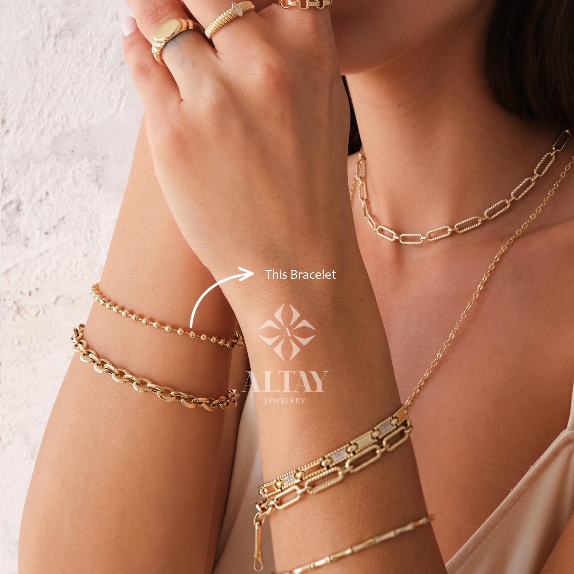 14K Gold Beaded Chain Bracelet, Italian Ball Bead Bracelet, 2.5 MM Layering Link Wristband, Delicate Dainty Gold Beads, Gift For Her Him