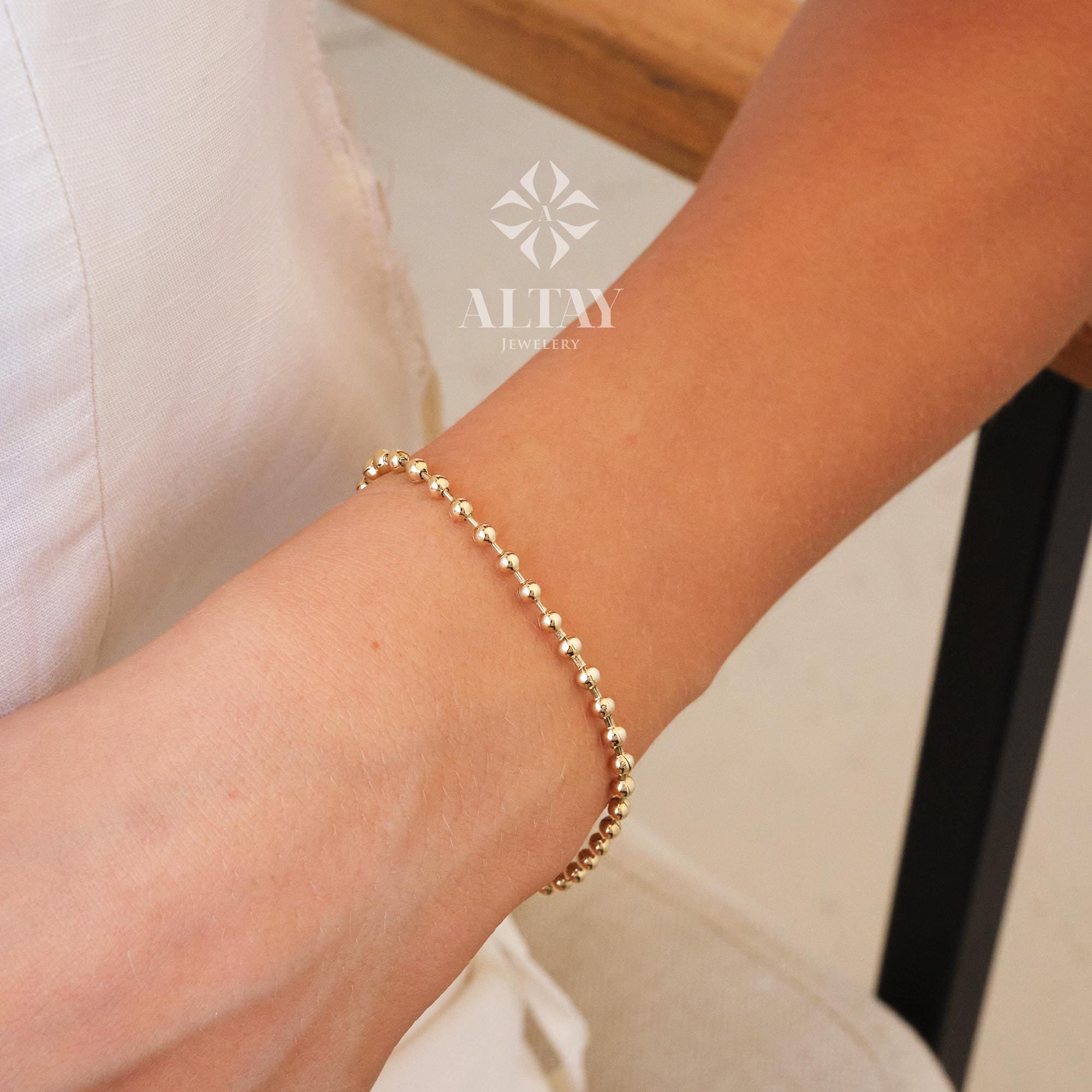 14K Gold Beaded Chain Bracelet, Italian Ball Bead Bracelet, 2.5 MM Layering Link Wristband, Delicate Dainty Gold Beads, Gift For Her Him