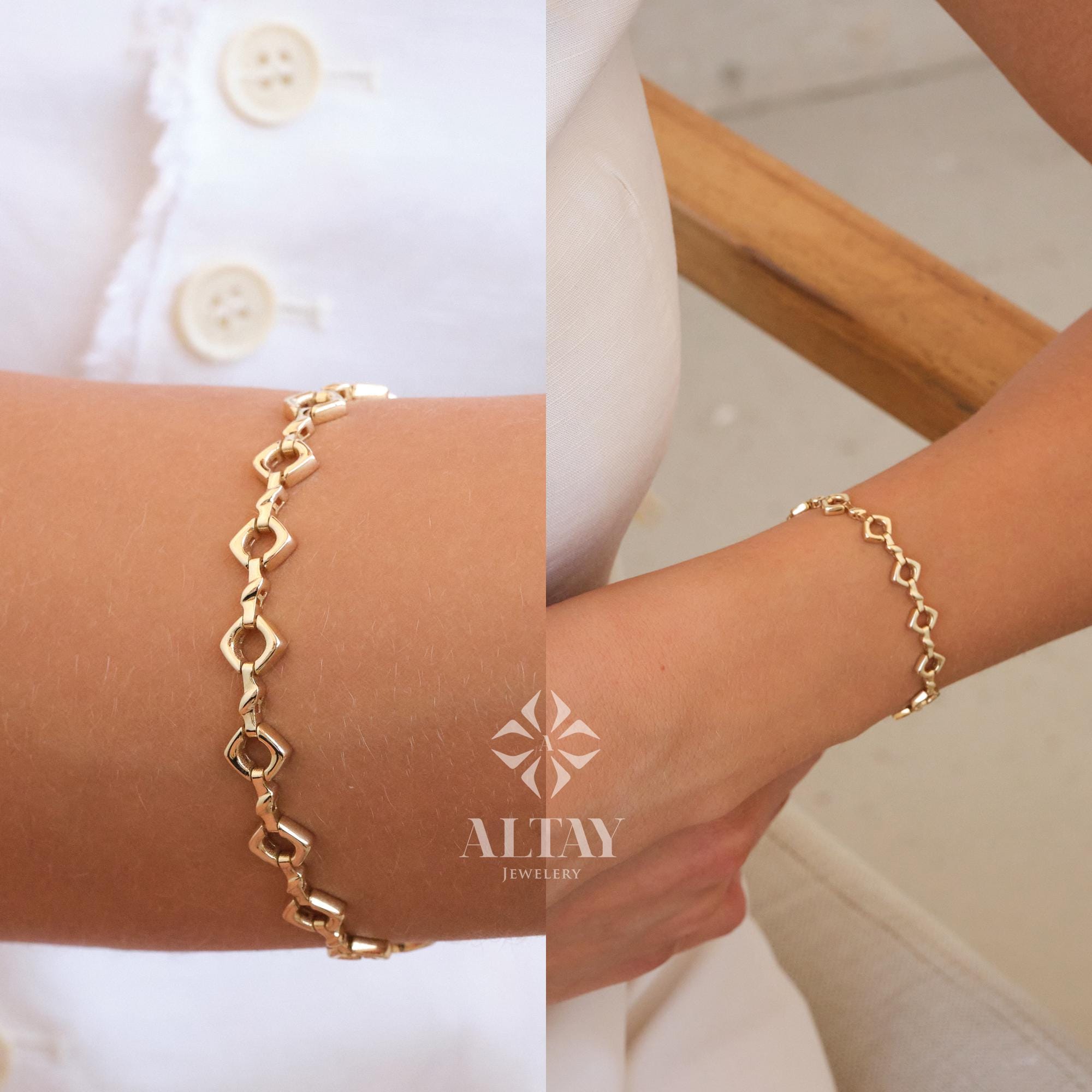14K Gold Large Link Bracelet, Thick Square Chain Bracelet, Chunky Square Bracelet, Gold Statement Bracelet, Unique Round Chain Bracelet