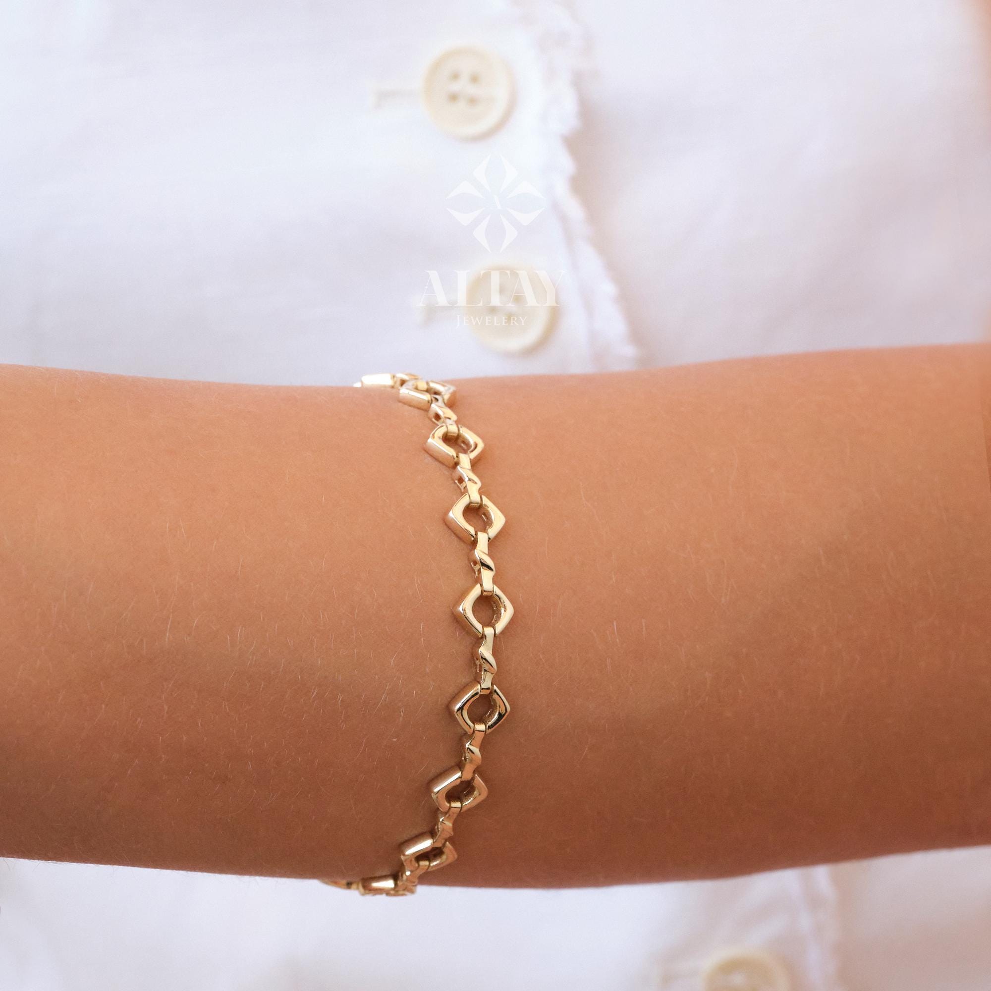 14K Gold Large Link Bracelet, Thick Square Chain Bracelet, Chunky Square Bracelet, Gold Statement Bracelet, Unique Round Chain Bracelet