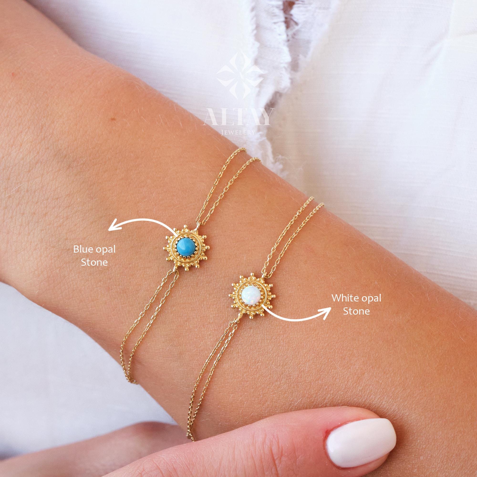 14K Gold Opal Bracelet, Blue and White Opal Charm Bracelet, Dainty Gold Stacking Bracelet, Opal Jewelry, Stacking Bracelet, Gift for Her