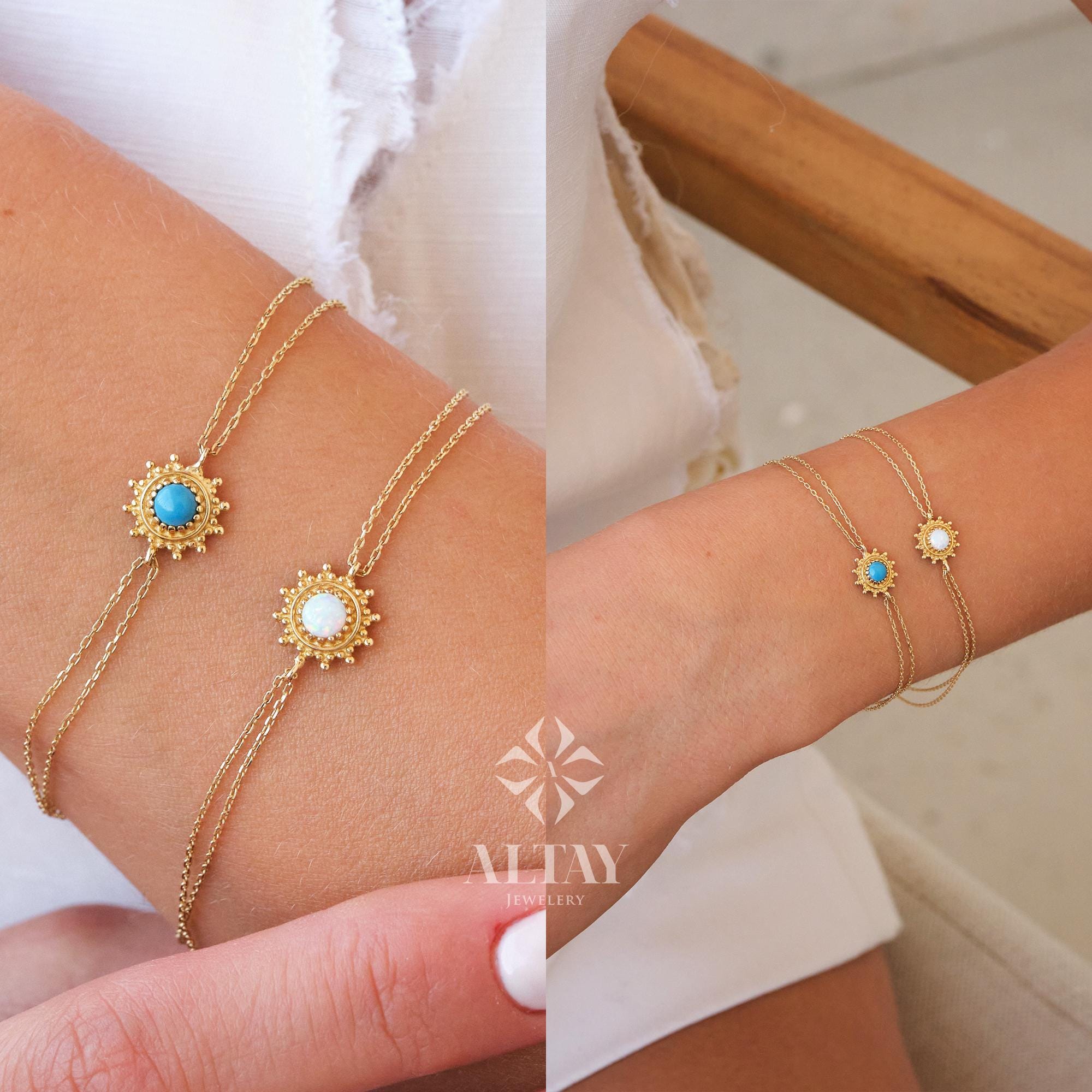 14K Gold Opal Bracelet, Blue and White Opal Charm Bracelet, Dainty Gold Stacking Bracelet, Opal Jewelry, Stacking Bracelet, Gift for Her