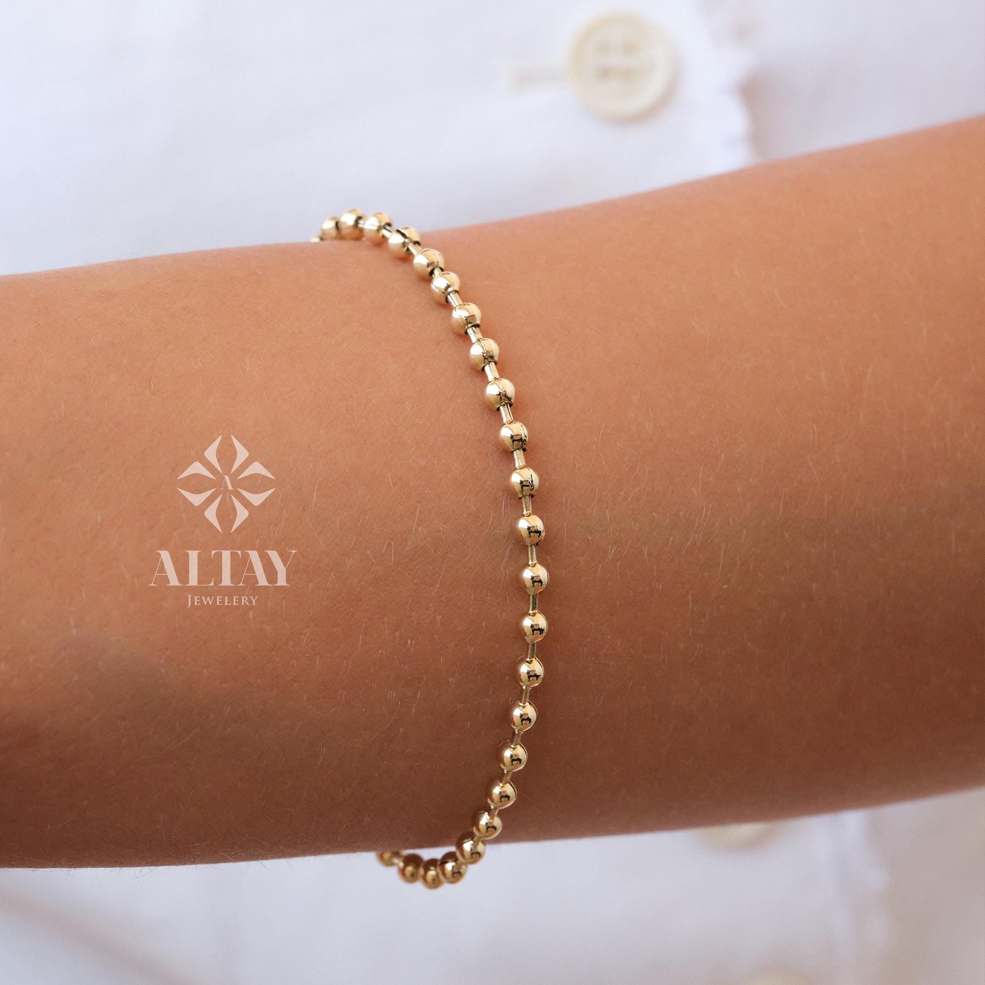 14K Gold Beaded Chain Bracelet, Italian Ball Bead Bracelet, 2.5 MM Layering Link Wristband, Delicate Dainty Gold Beads, Gift For Her Him