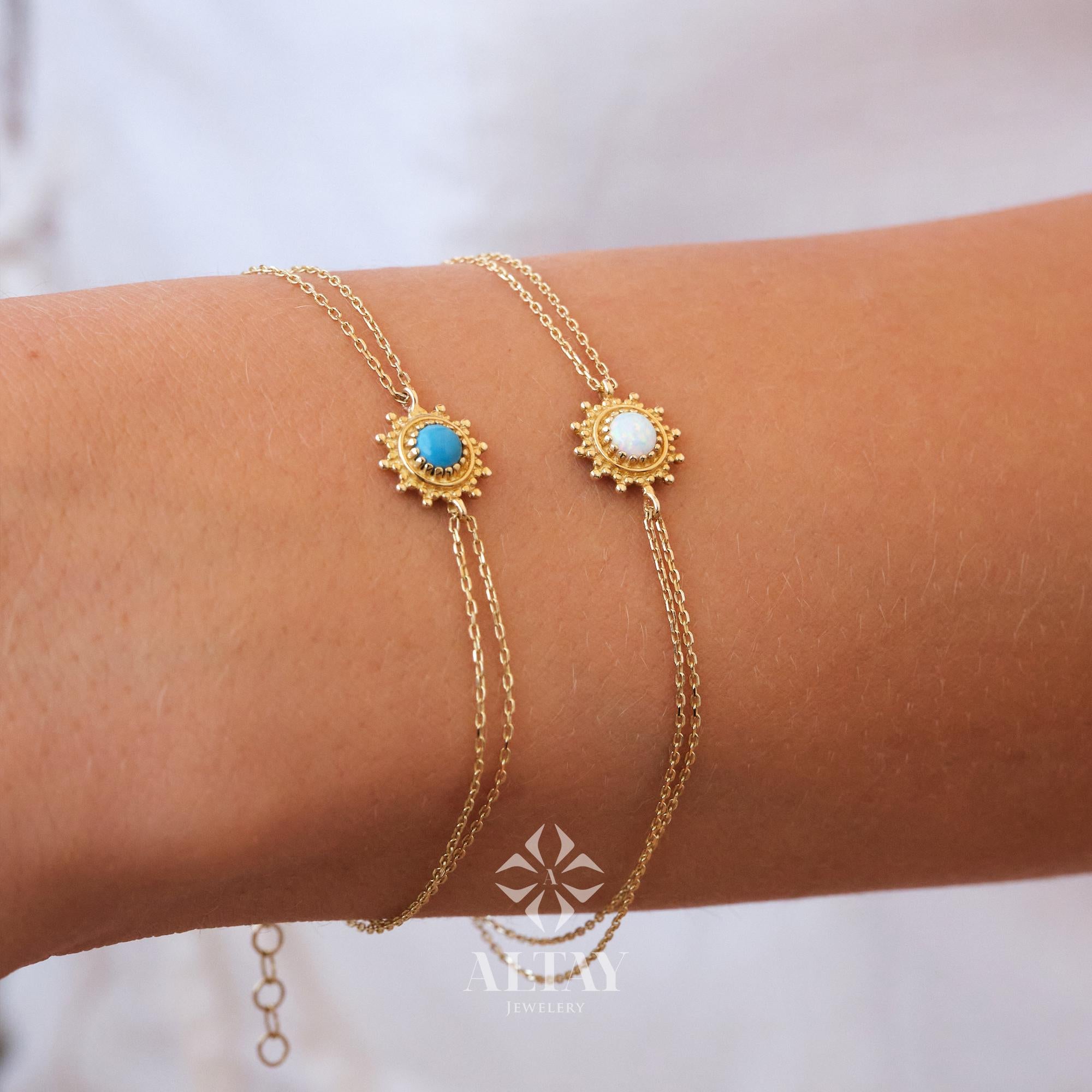 14K Gold Opal Bracelet, Blue and White Opal Charm Bracelet, Dainty Gold Stacking Bracelet, Opal Jewelry, Stacking Bracelet, Gift for Her