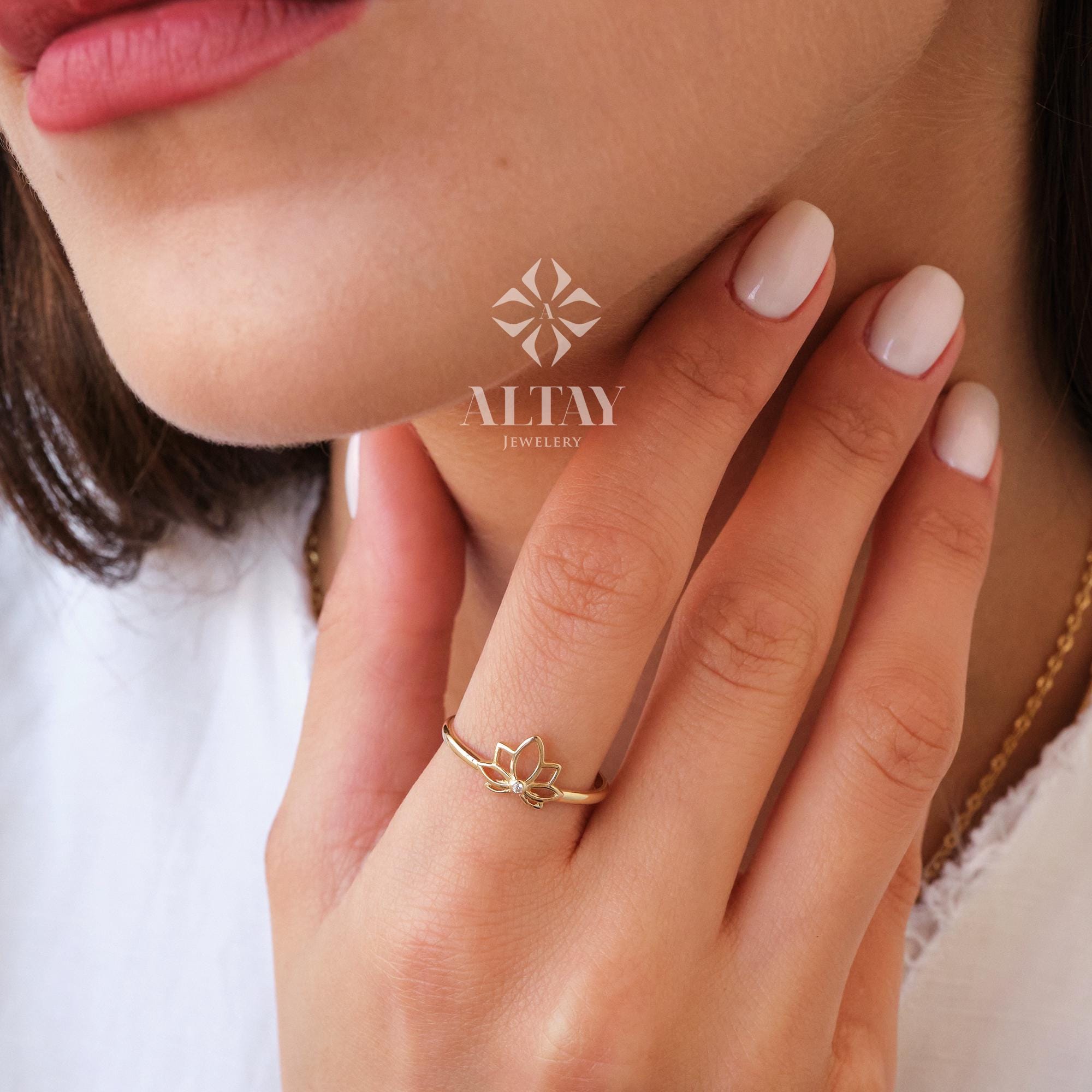 14K Gold Lotus Ring, Lotus Flower Ring, Dainty Gold Ring, Minimalist Ring, Meditation Ring, Stacking Ring, Lotus Floral Jewelry, Gift Mom