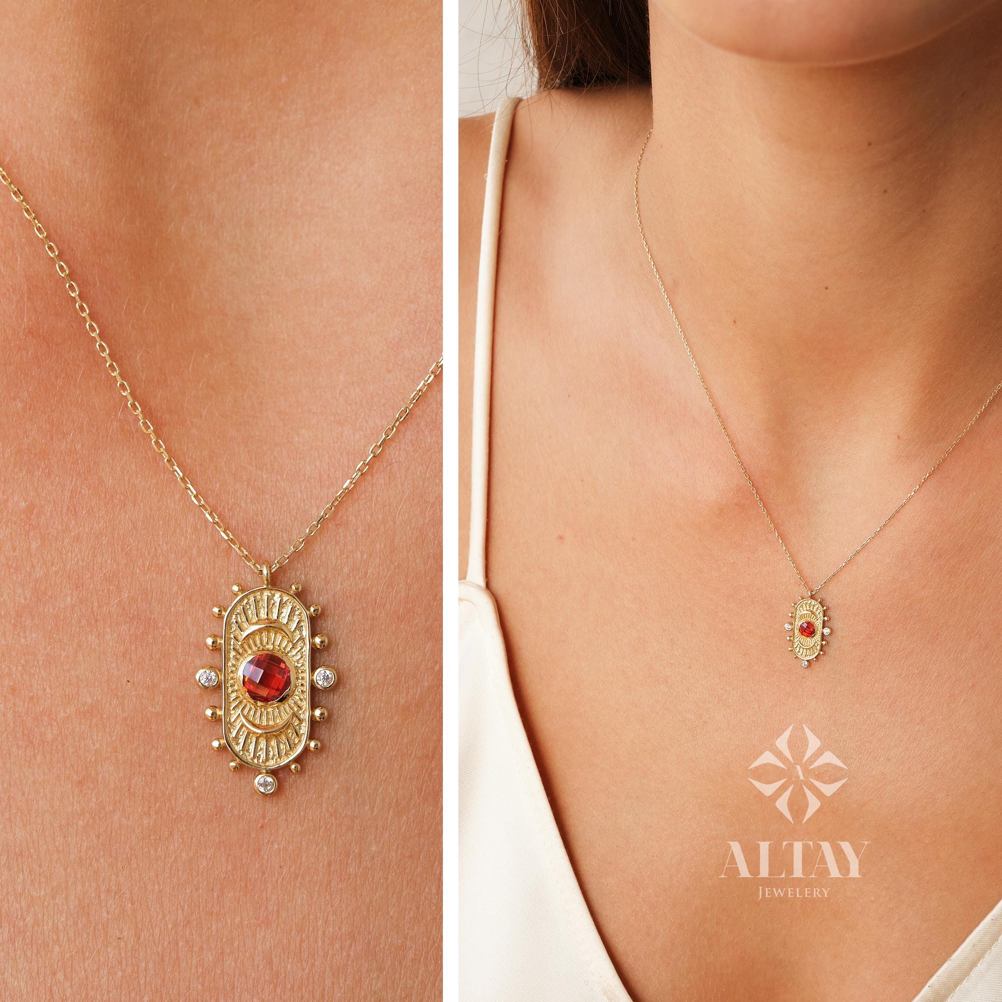 14K Gold Birthstone Pendant Necklace, Personalized Gold Necklace Garnet, Garnet Stone Necklace, Dainty Red Stone Necklace, Anniversary Gift