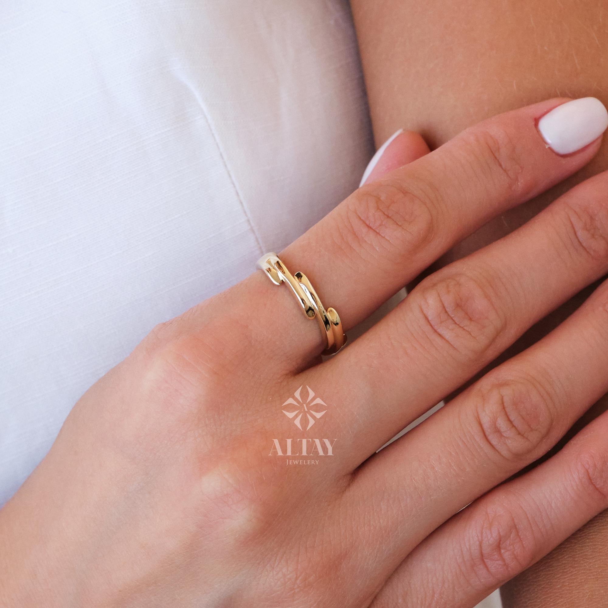 14K Gold Wave Branch Ring, Gold Twig Band, Minimalist Gold Knuckle Ring, Dainty Gold Leaf, Gold Branch Ring, Stackable Ring, Gift For Mom