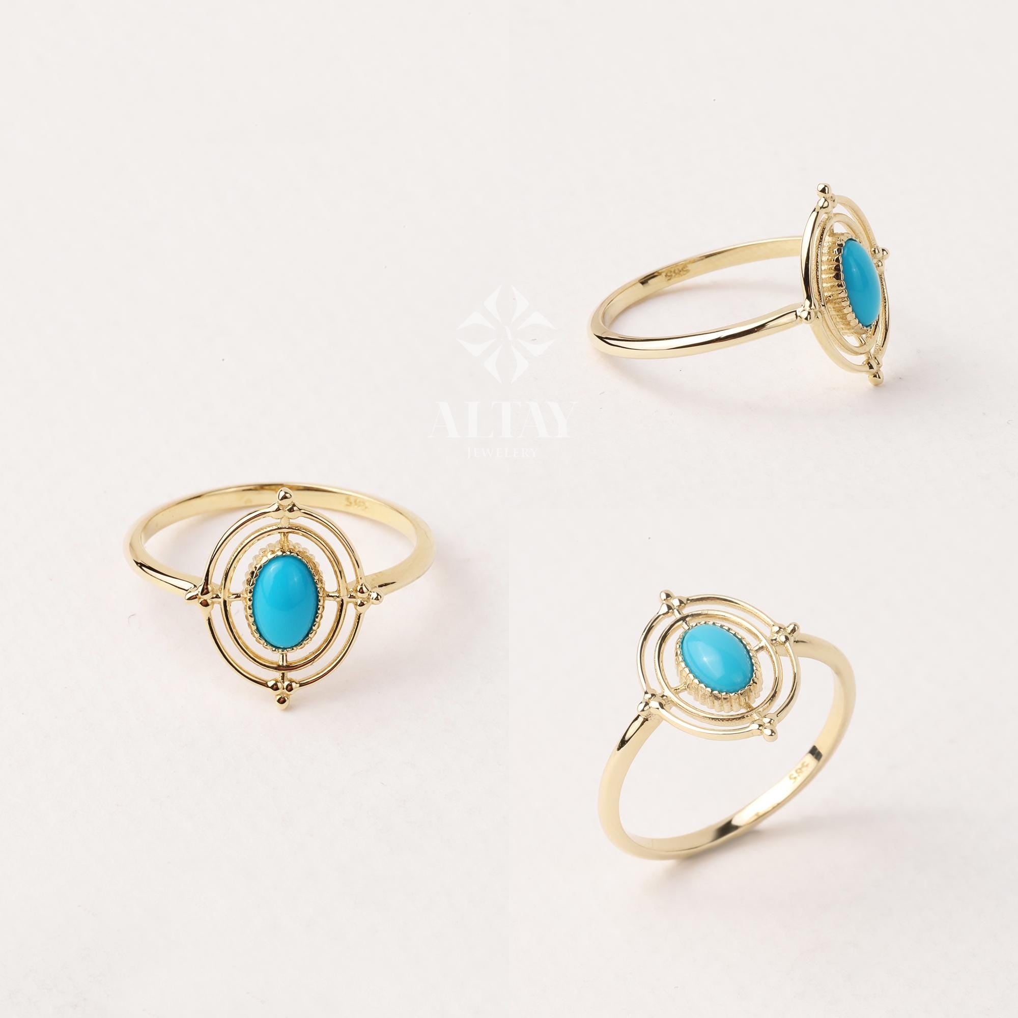 14K Gold Turquoise Stone Ring, Compass Polar Star Band, North Star Turquoise Ring, Astrology Starburst Ring, Luck Star, Celestial Pinky Ring