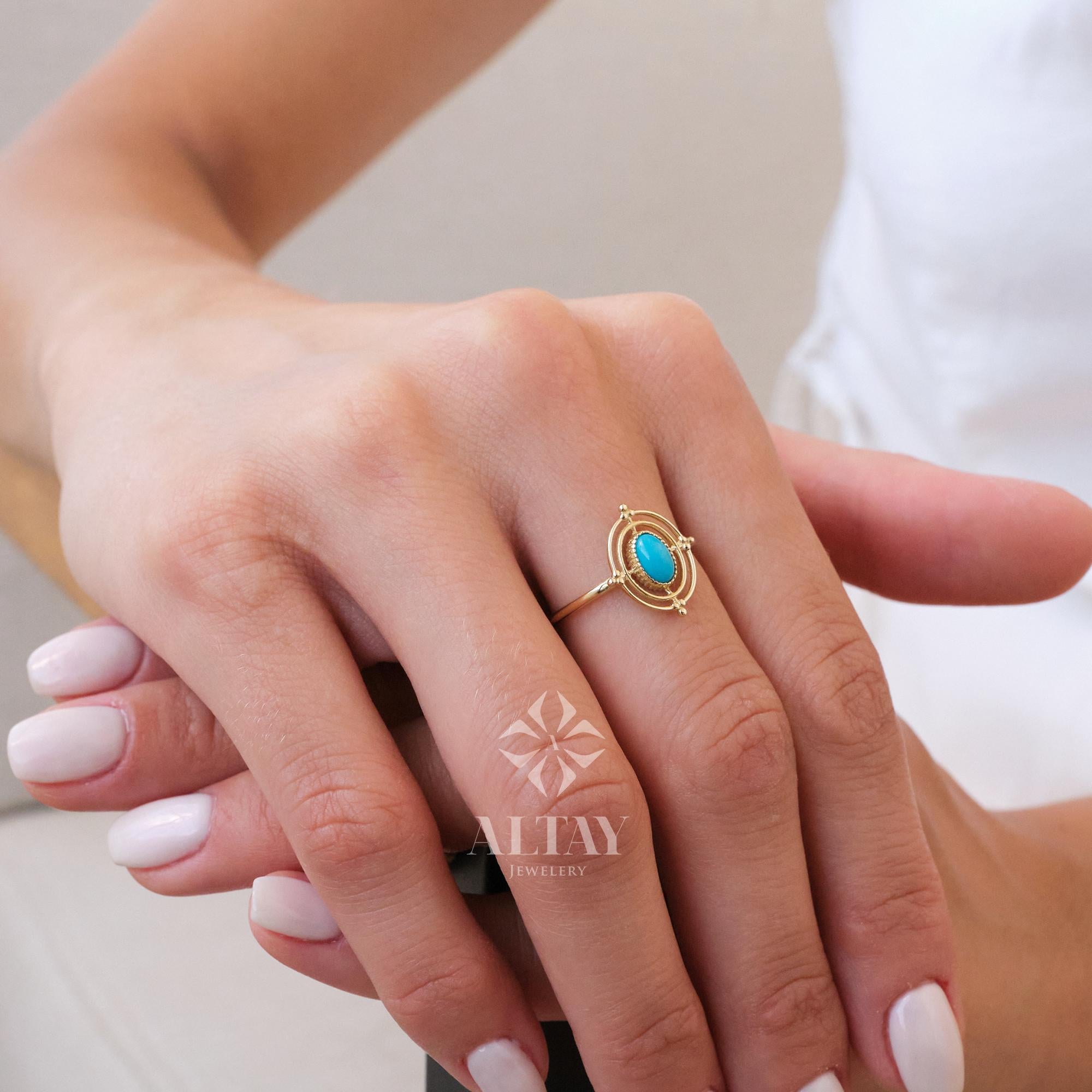 14K Gold Turquoise Stone Ring, Compass Polar Star Band, North Star Turquoise Ring, Astrology Starburst Ring, Luck Star, Celestial Pinky Ring