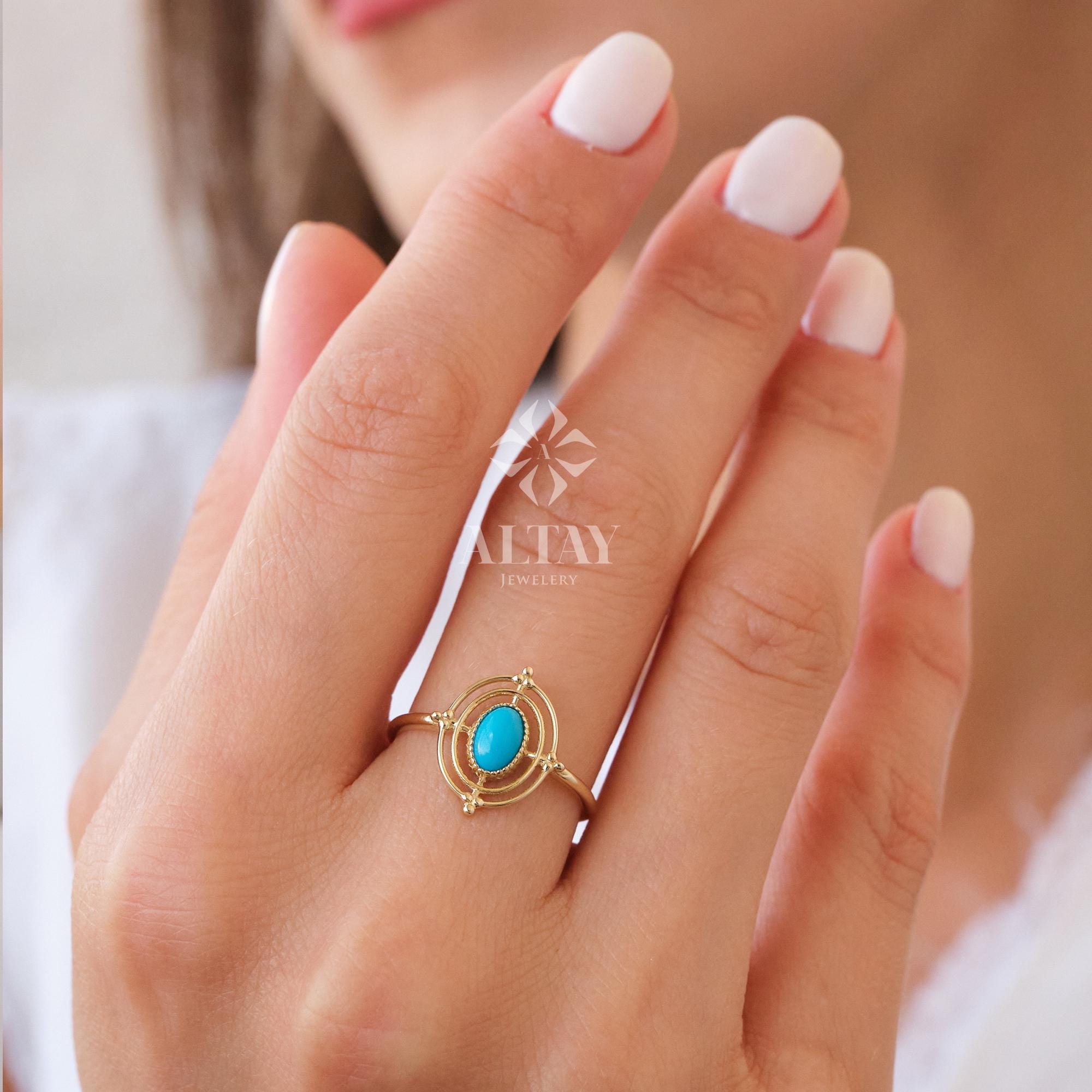 14K Gold Turquoise Stone Ring, Compass Polar Star Band, North Star Turquoise Ring, Astrology Starburst Ring, Luck Star, Celestial Pinky Ring