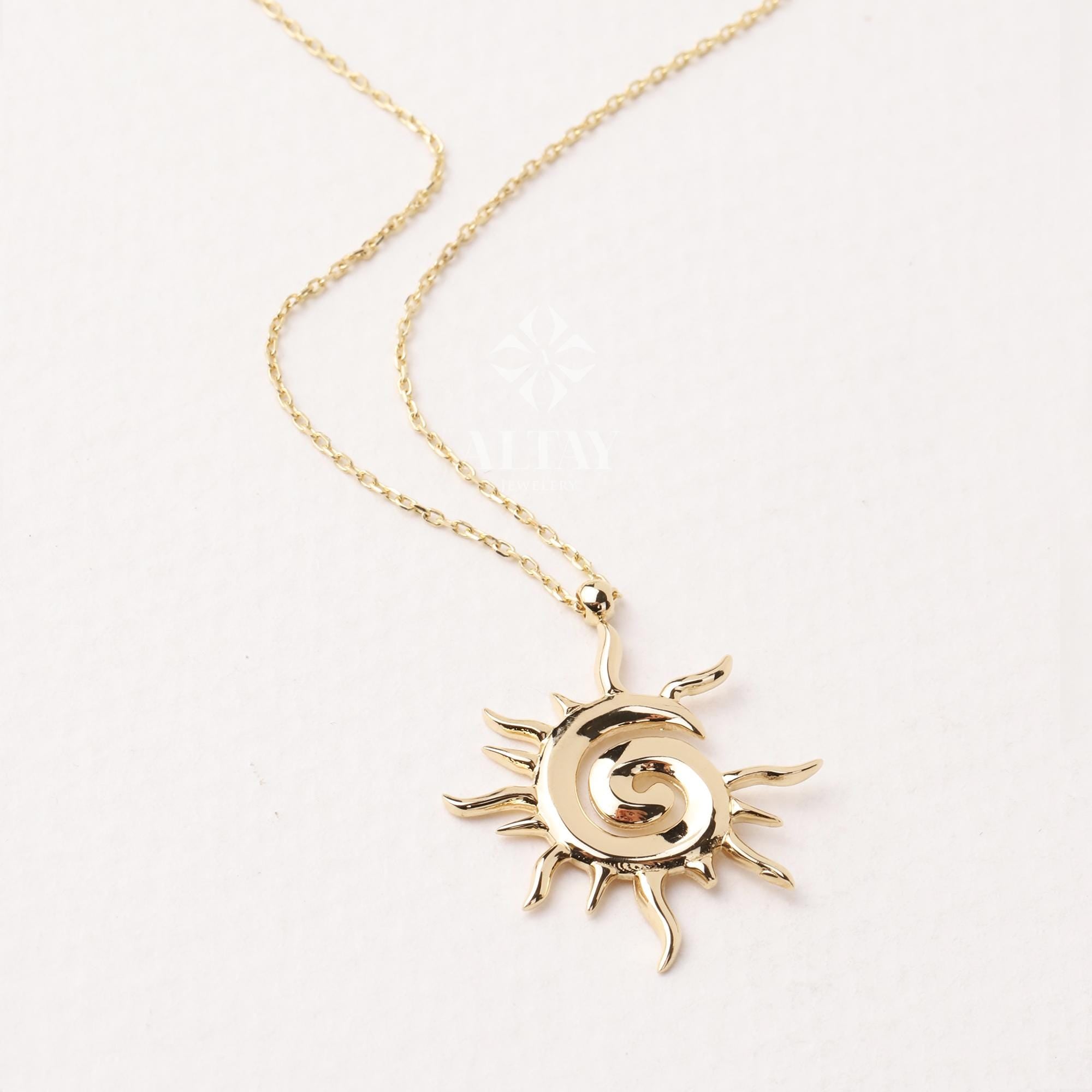 14K Gold Sun Necklace, Sunburst Celestial Pendant, Sun Charm Choker, Swirl Sun Medallion, Gold Layering Chain, Gold Solar Necklace, Gift