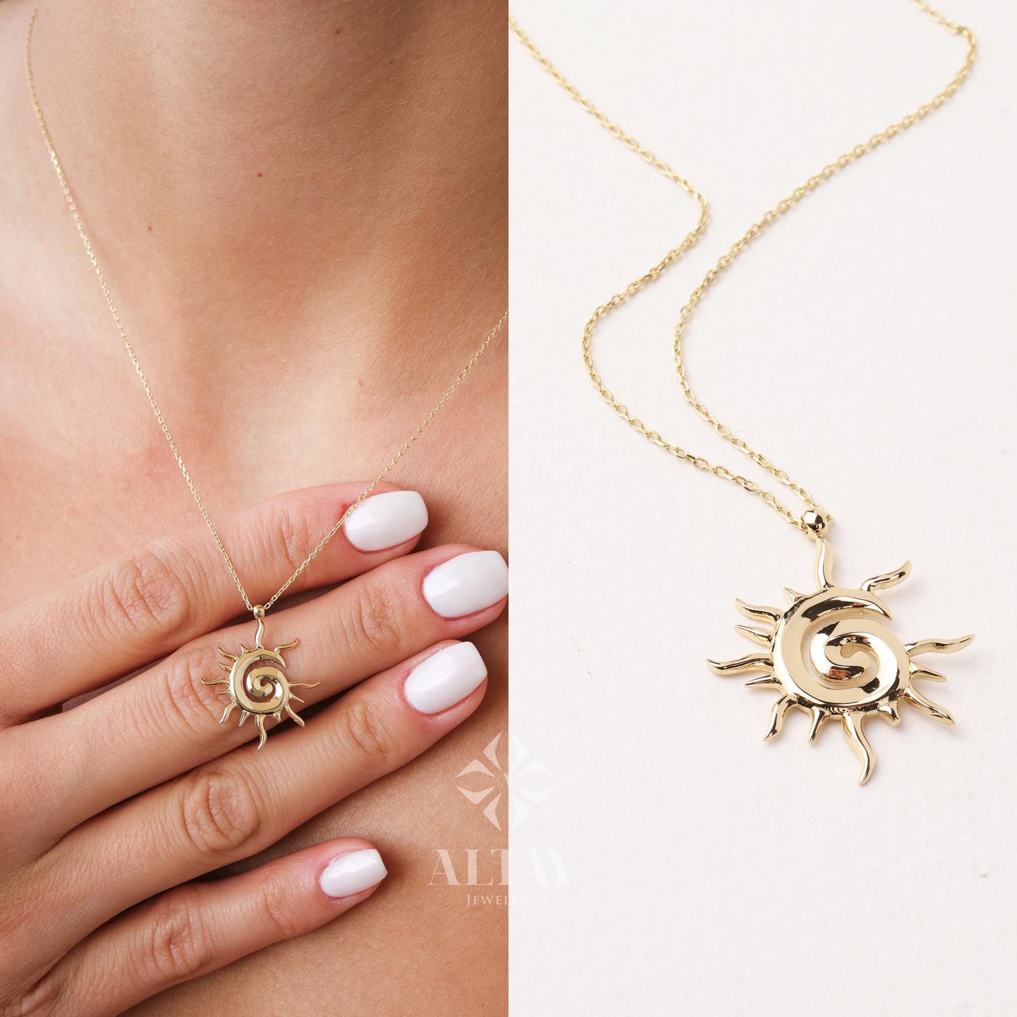 14K Gold Sun Necklace, Sunburst Celestial Pendant, Sun Charm Choker, Swirl Sun Medallion, Gold Layering Chain, Gold Solar Necklace, Gift