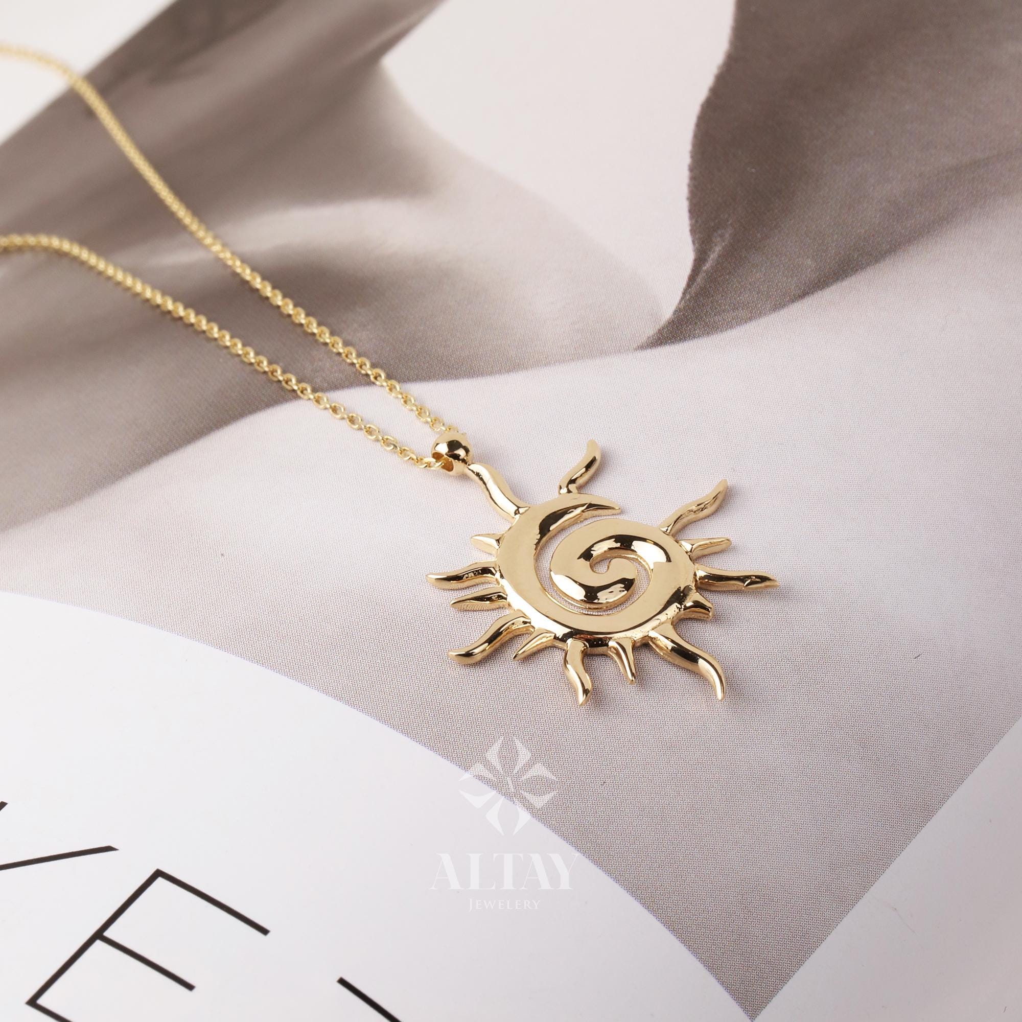 14K Gold Sun Necklace, Sunburst Celestial Pendant, Sun Charm Choker, Swirl Sun Medallion, Gold Layering Chain, Gold Solar Necklace, Gift