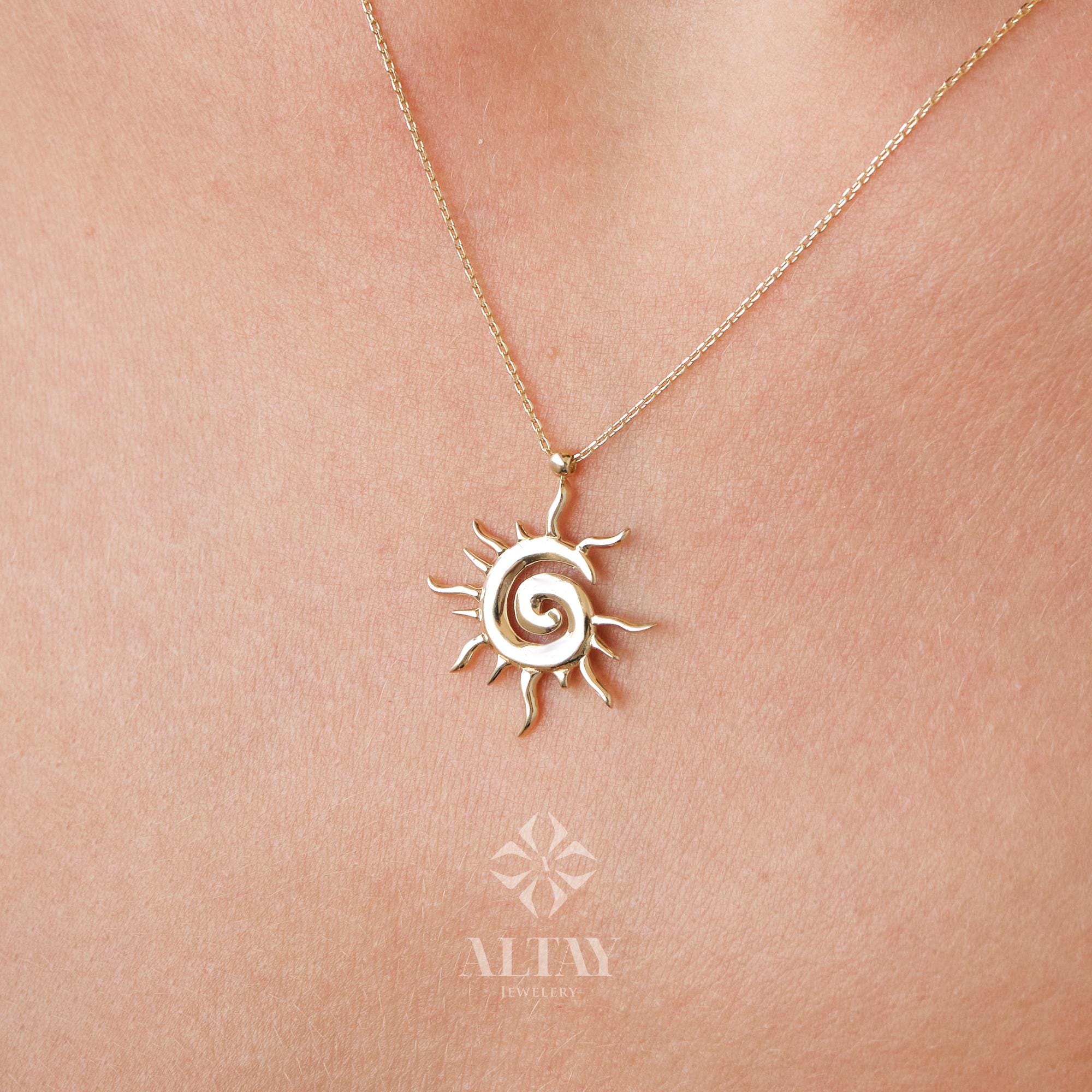 14K Gold Sun Necklace, Sunburst Celestial Pendant, Sun Charm Choker, Swirl Sun Medallion, Gold Layering Chain, Gold Solar Necklace, Gift