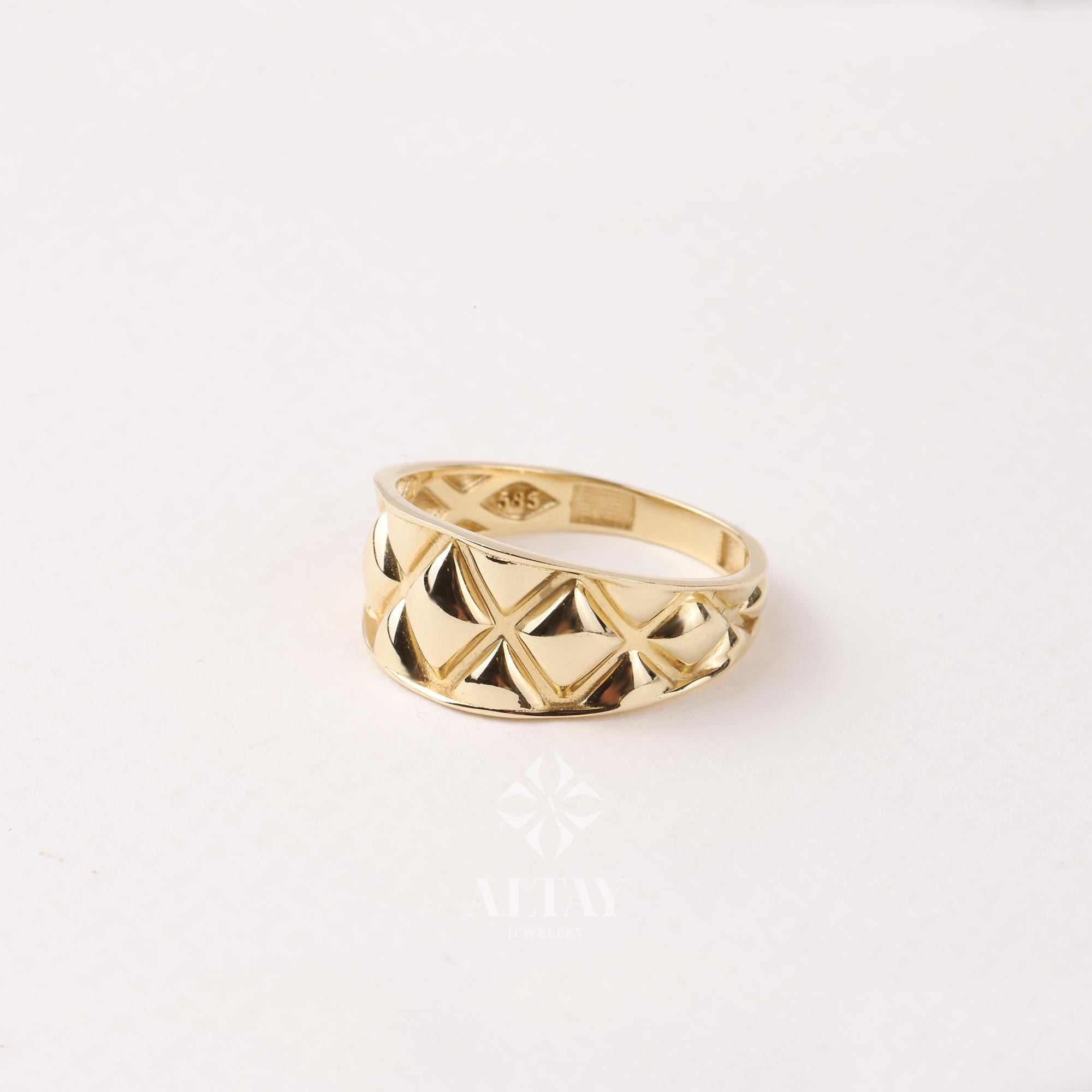 14K Gold Textured Band Ring, Square Pattern Wedding Ring, Minimalist Matching Ring, Signet Eternity Ring, Chunky Marriage Band