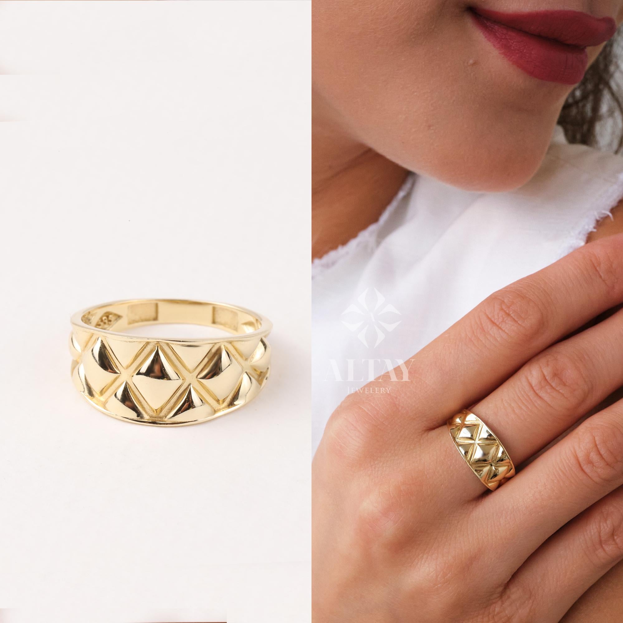 14K Gold Textured Band Ring, Square Pattern Wedding Ring, Minimalist Matching Ring, Signet Eternity Ring, Chunky Marriage Band