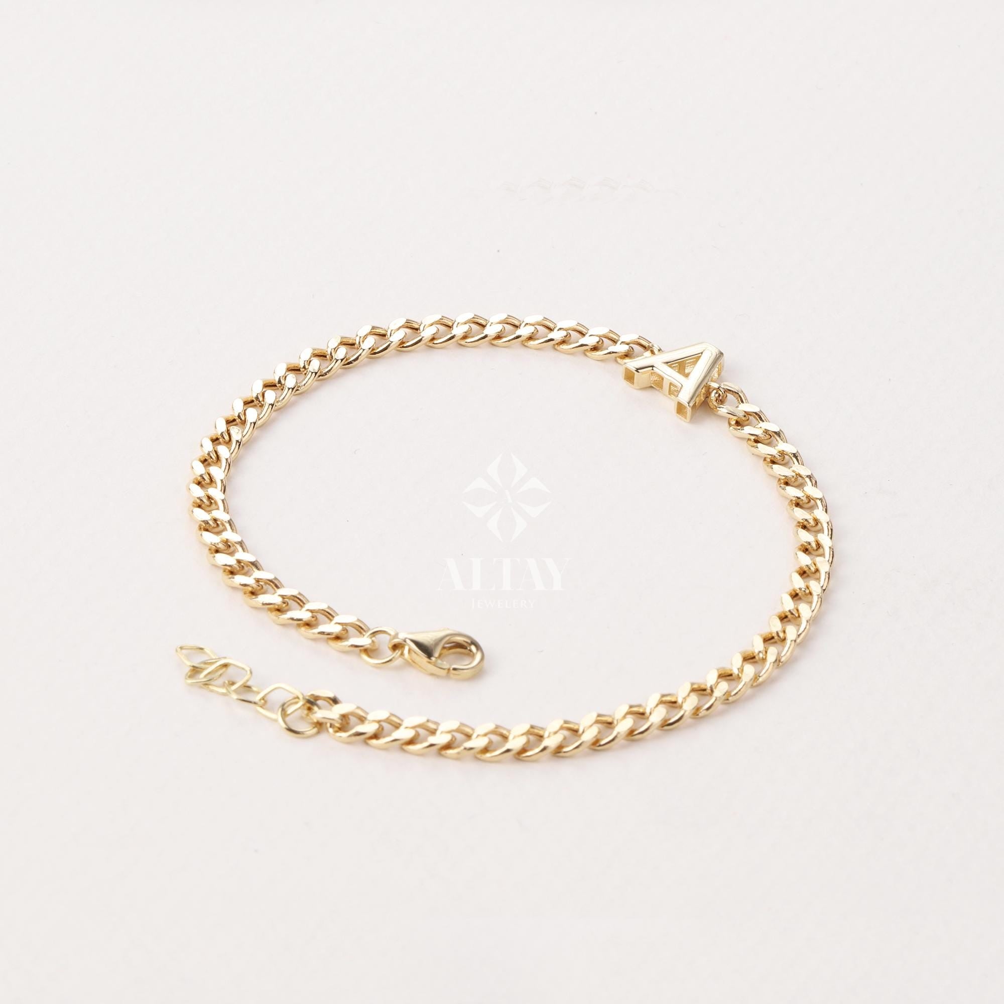 14K Gold Cuban Link Initial Bracelet, 3.5 mm Curb Letter Chain, Custom Miami Cuban Bold Link, Personalized Bracelet, Name Gift For Her Men