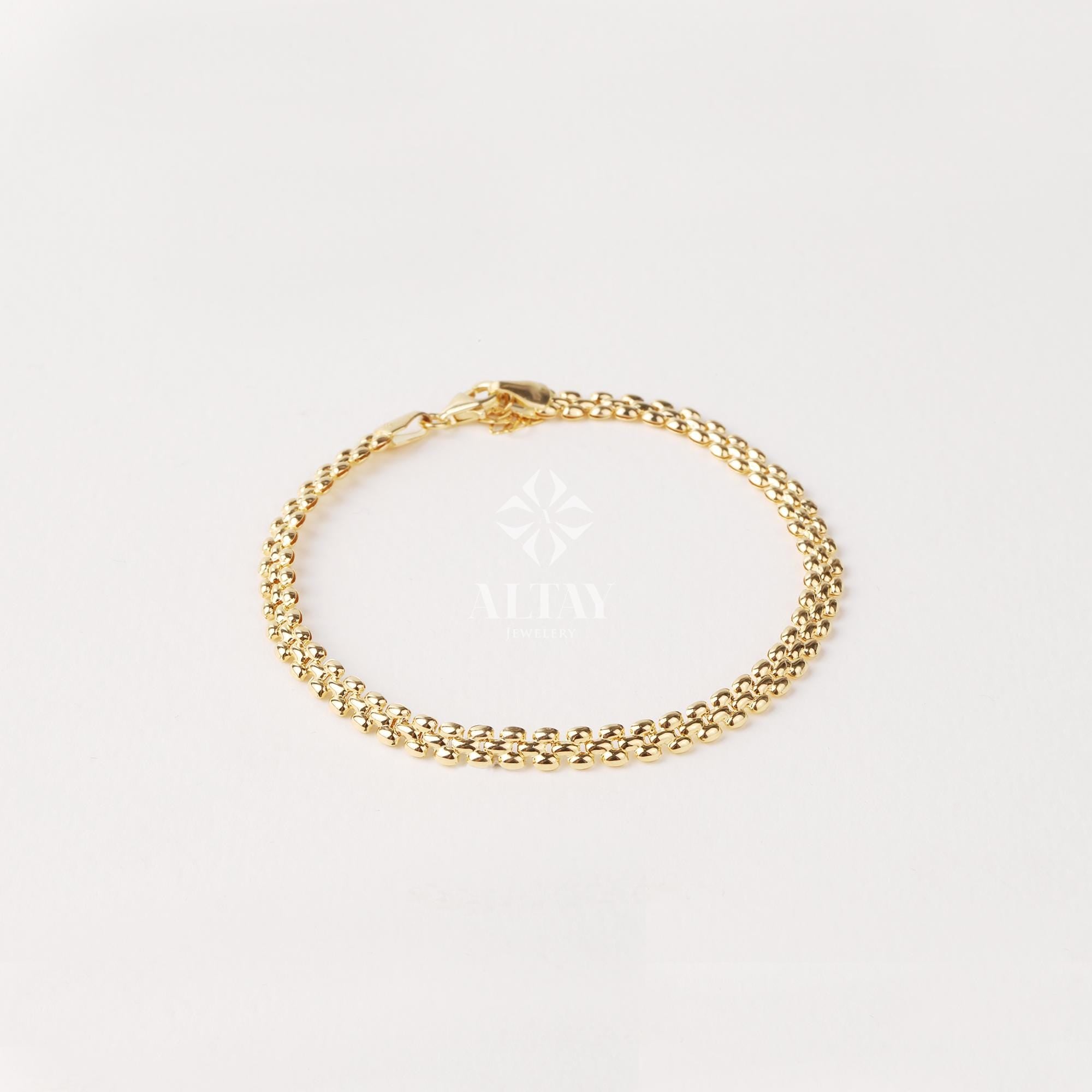 14K Gold Popcorn Bracelet, 4.5mm Curb Wrist Chain, Gold Herringbone Stack Link Chain, Braided Bismark Bracelet, Valentine's Day Gift