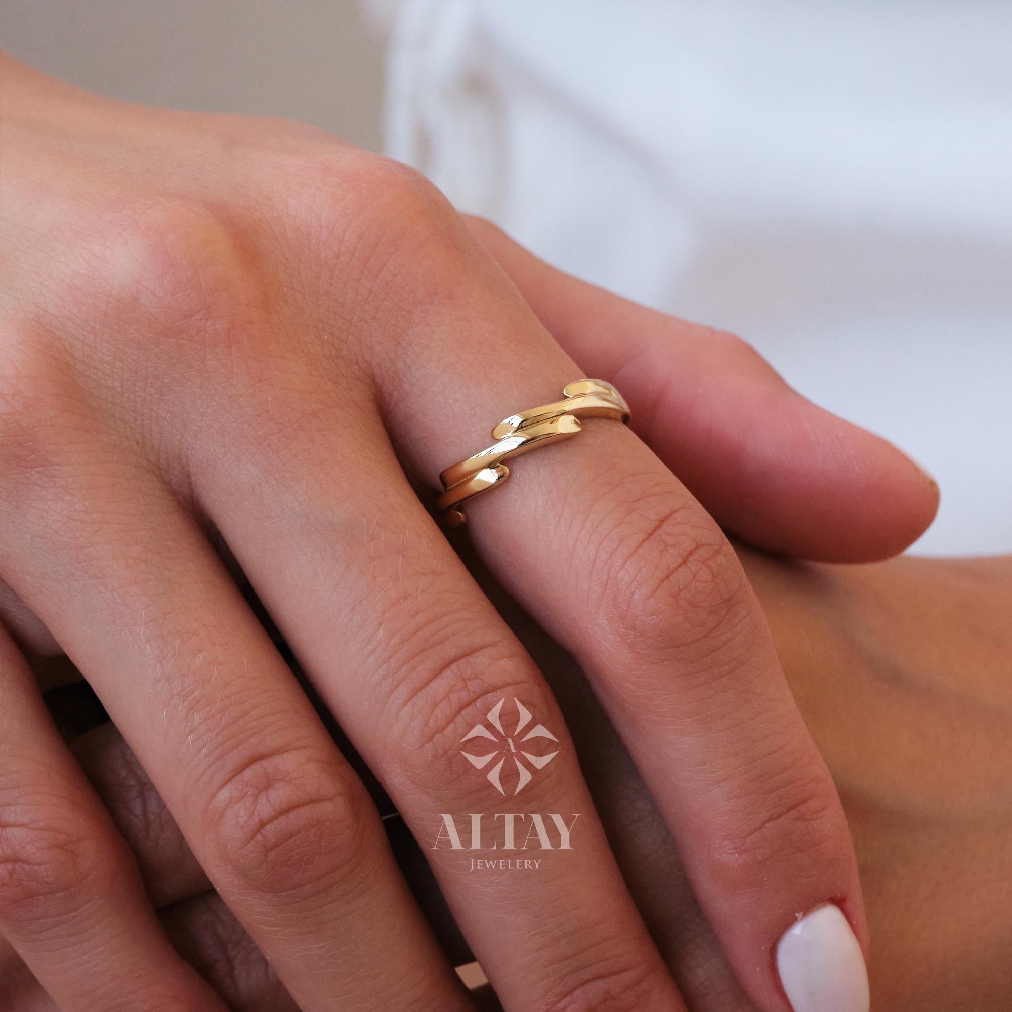 14K Gold Wave Branch Ring, Gold Twig Band, Minimalist Gold Knuckle Ring, Dainty Gold Leaf, Gold Branch Ring, Stackable Ring, Gift For Mom