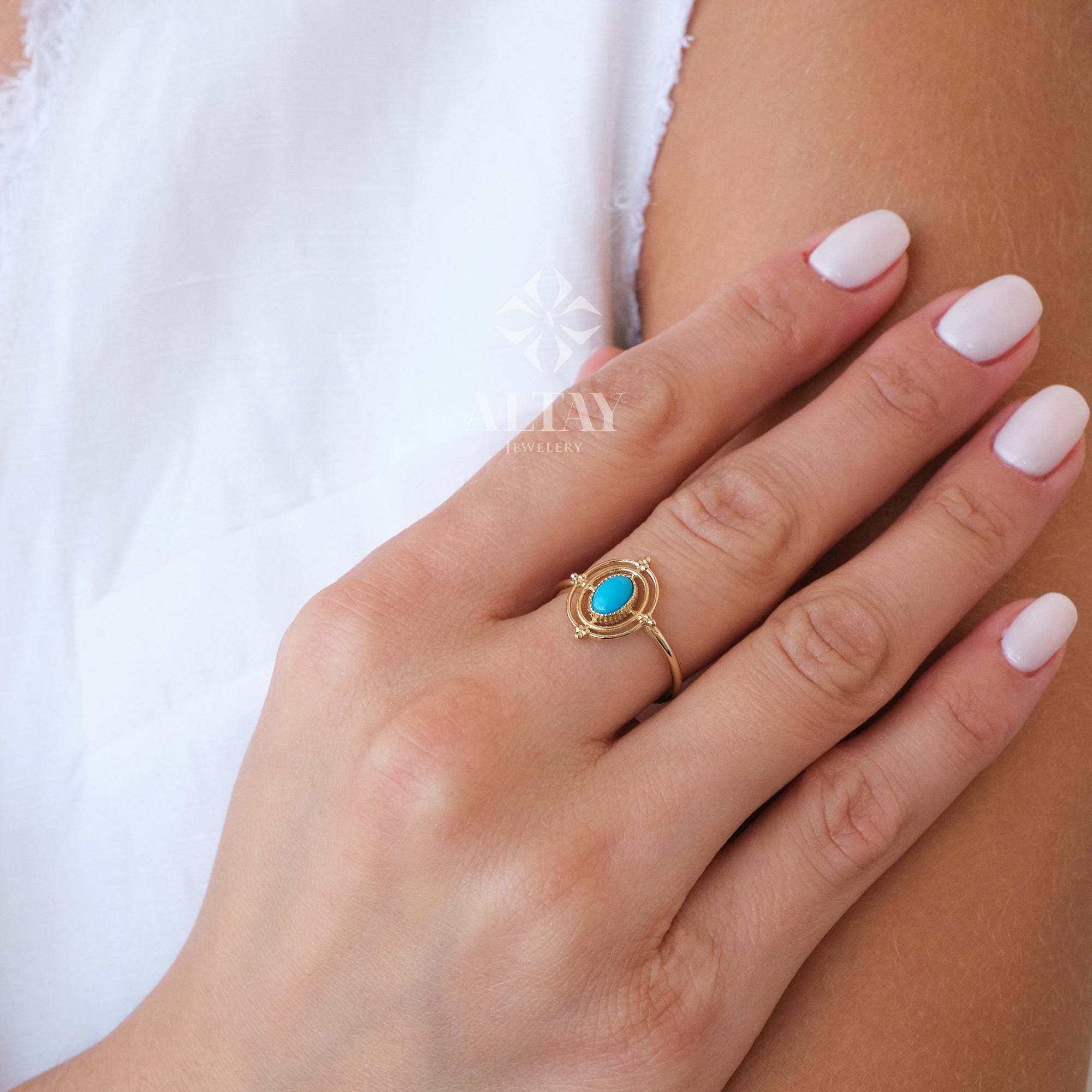 14K Gold Turquoise Stone Ring, Compass Polar Star Band, North Star Turquoise Ring, Astrology Starburst Ring, Luck Star, Celestial Pinky Ring