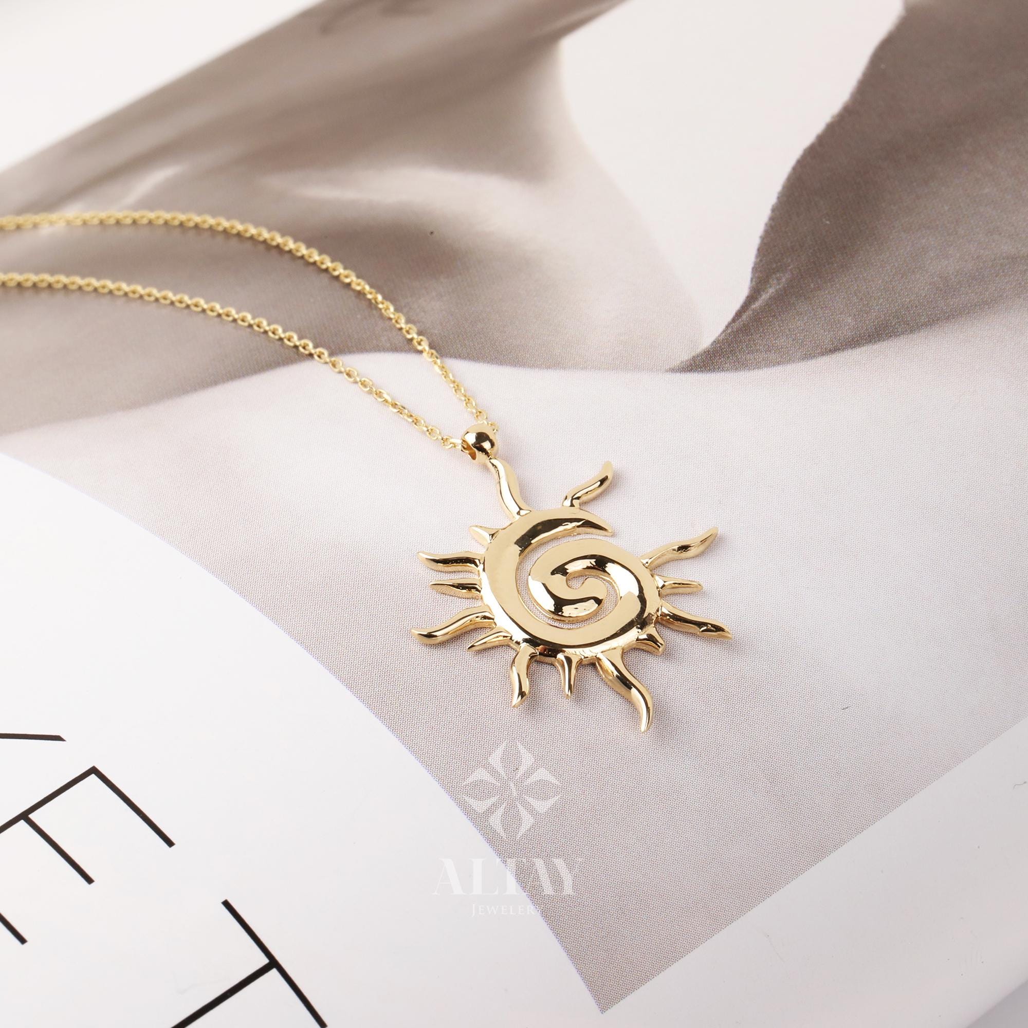 14K Gold Sun Necklace, Sunburst Celestial Pendant, Sun Charm Choker, Swirl Sun Medallion, Gold Layering Chain, Gold Solar Necklace, Gift