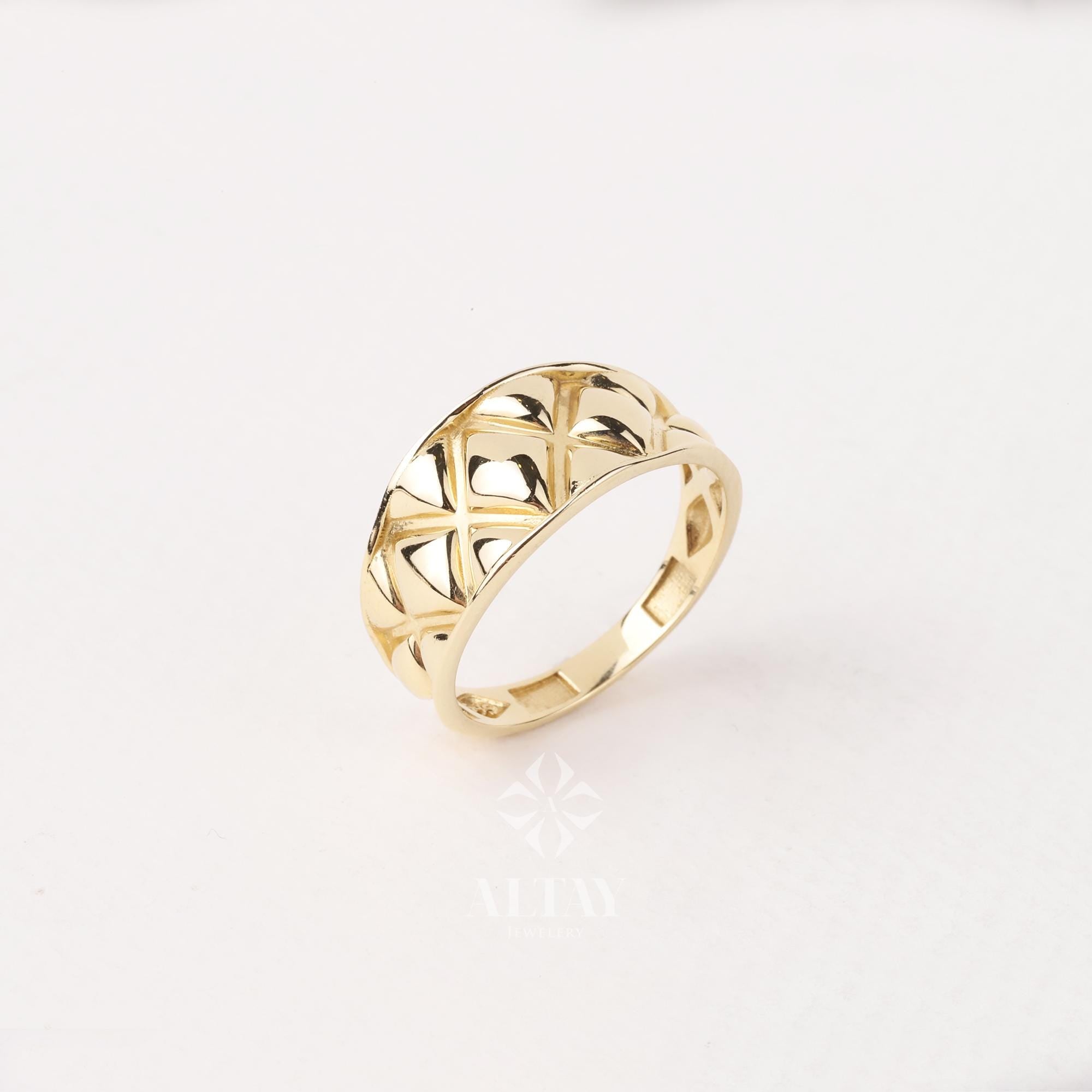 14K Gold Textured Band Ring, Square Pattern Wedding Ring, Minimalist Matching Ring, Signet Eternity Ring, Chunky Marriage Band