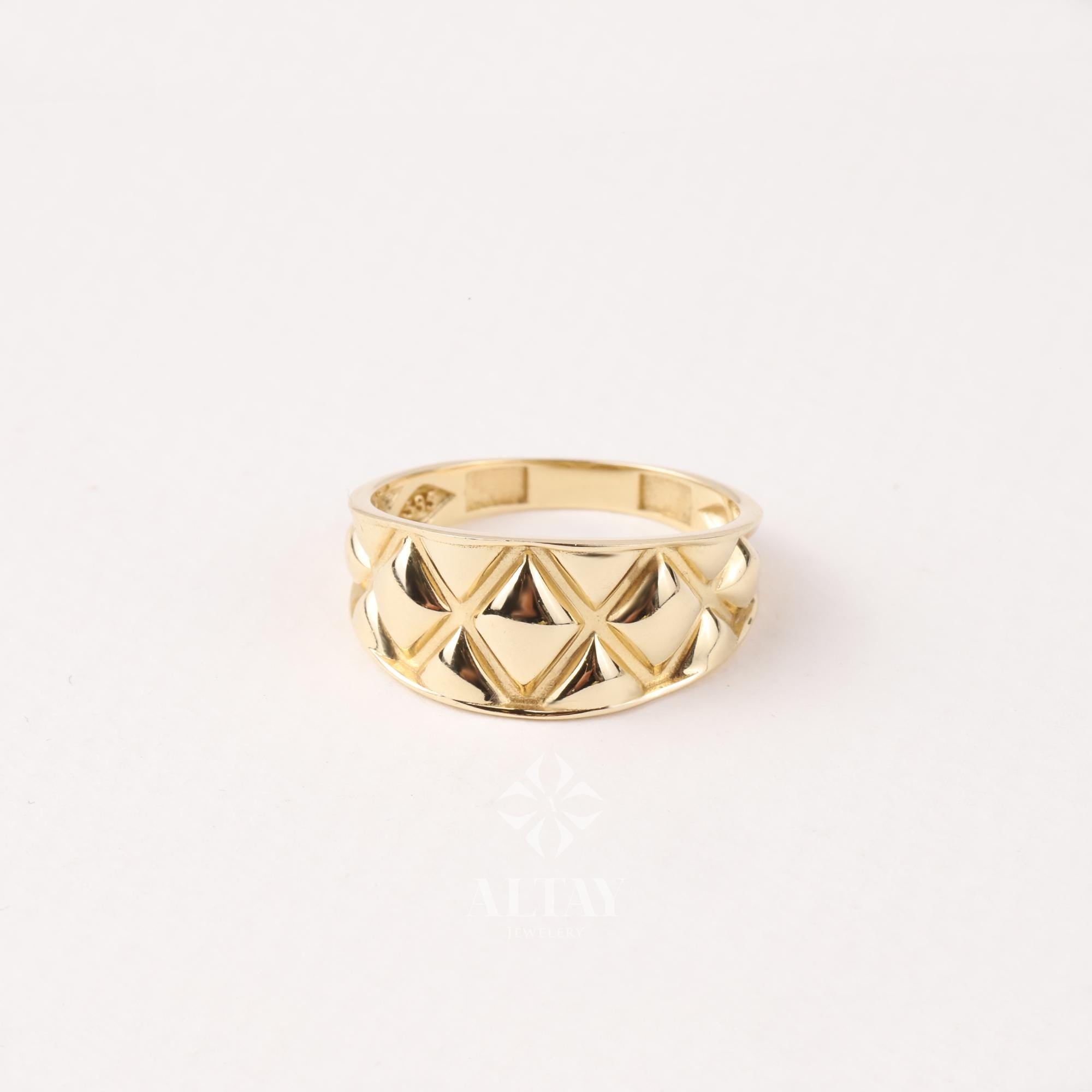14K Gold Textured Band Ring, Square Pattern Wedding Ring, Minimalist Matching Ring, Signet Eternity Ring, Chunky Marriage Band