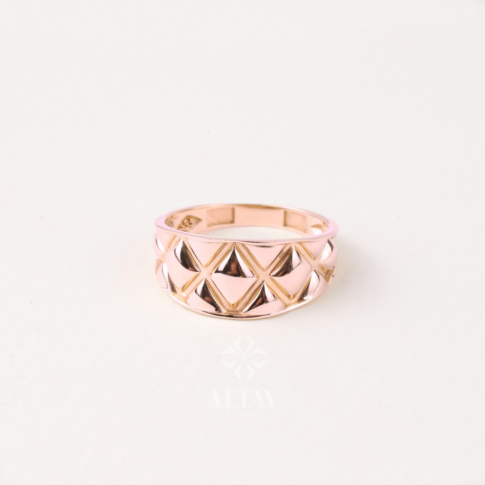14K Gold Textured Band Ring, Square Pattern Wedding Ring, Minimalist Matching Ring, Signet Eternity Ring, Chunky Marriage Band
