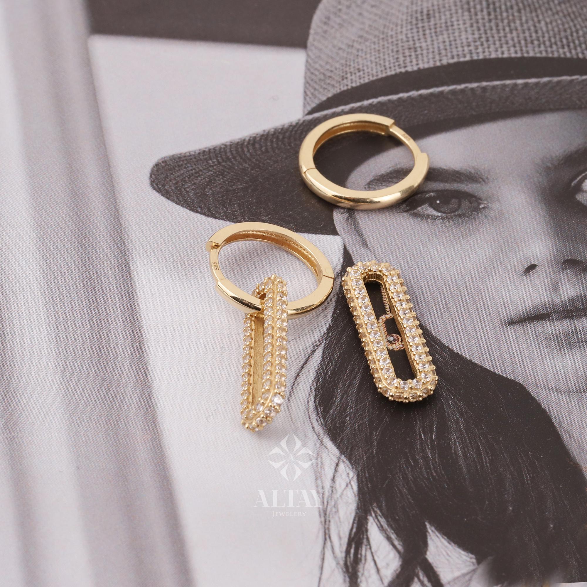 14K Gold Rectangle Earrings, Cz Diamond Hoop Earrings, Tiny Drop Dainty Earring, Dainty Delicate Huggie Gift For Her, Mothers Day Gift