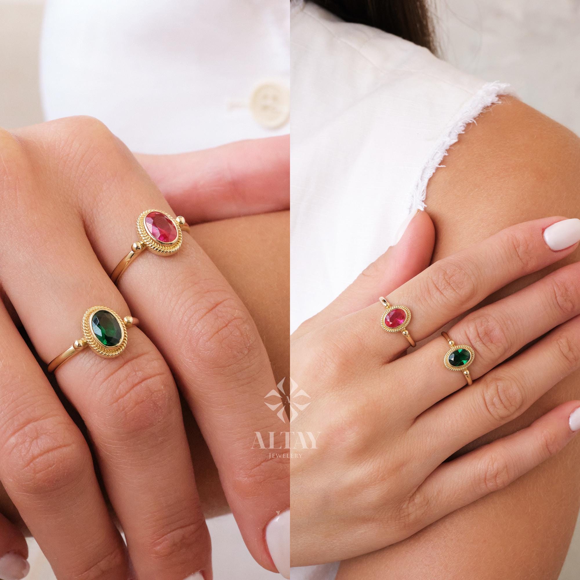 14K Gold Birthstone Ring, Emerald Gemstone Vintage Gold Stackable Ring, Dainty Gold Elegant Ring, Art Deco Wedding Band, Half Eternity Ring