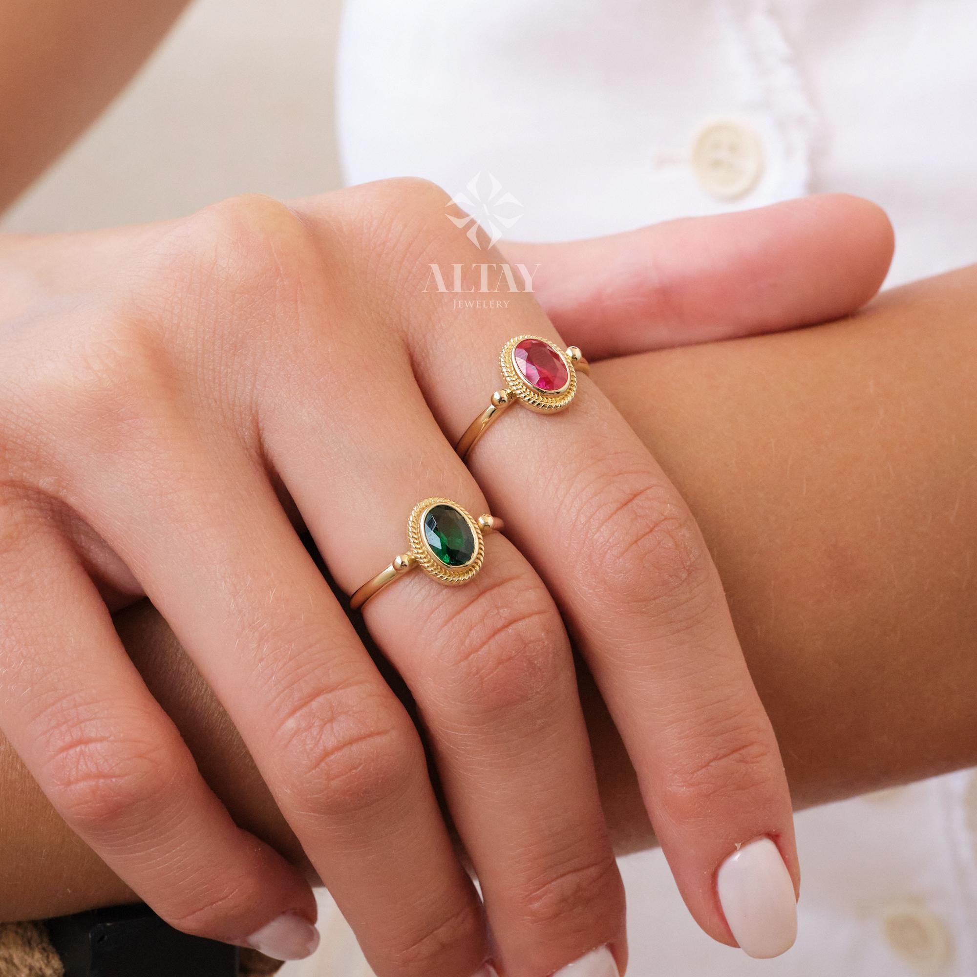 14K Gold Birthstone Ring, Emerald Gemstone Vintage Gold Stackable Ring, Dainty Gold Elegant Ring, Art Deco Wedding Band, Half Eternity Ring