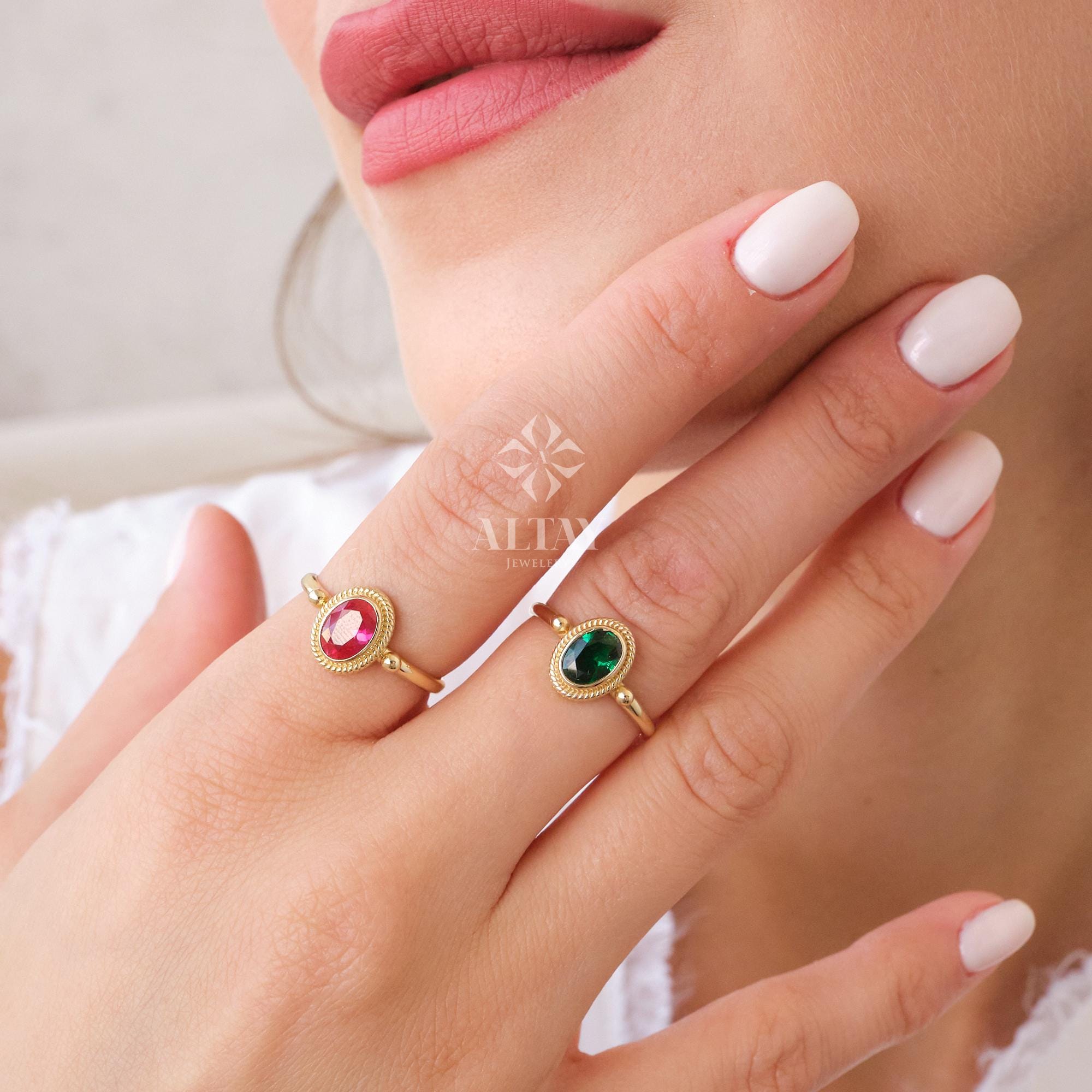 14K Gold Birthstone Ring, Emerald Gemstone Vintage Gold Stackable Ring, Dainty Gold Elegant Ring, Art Deco Wedding Band, Half Eternity Ring