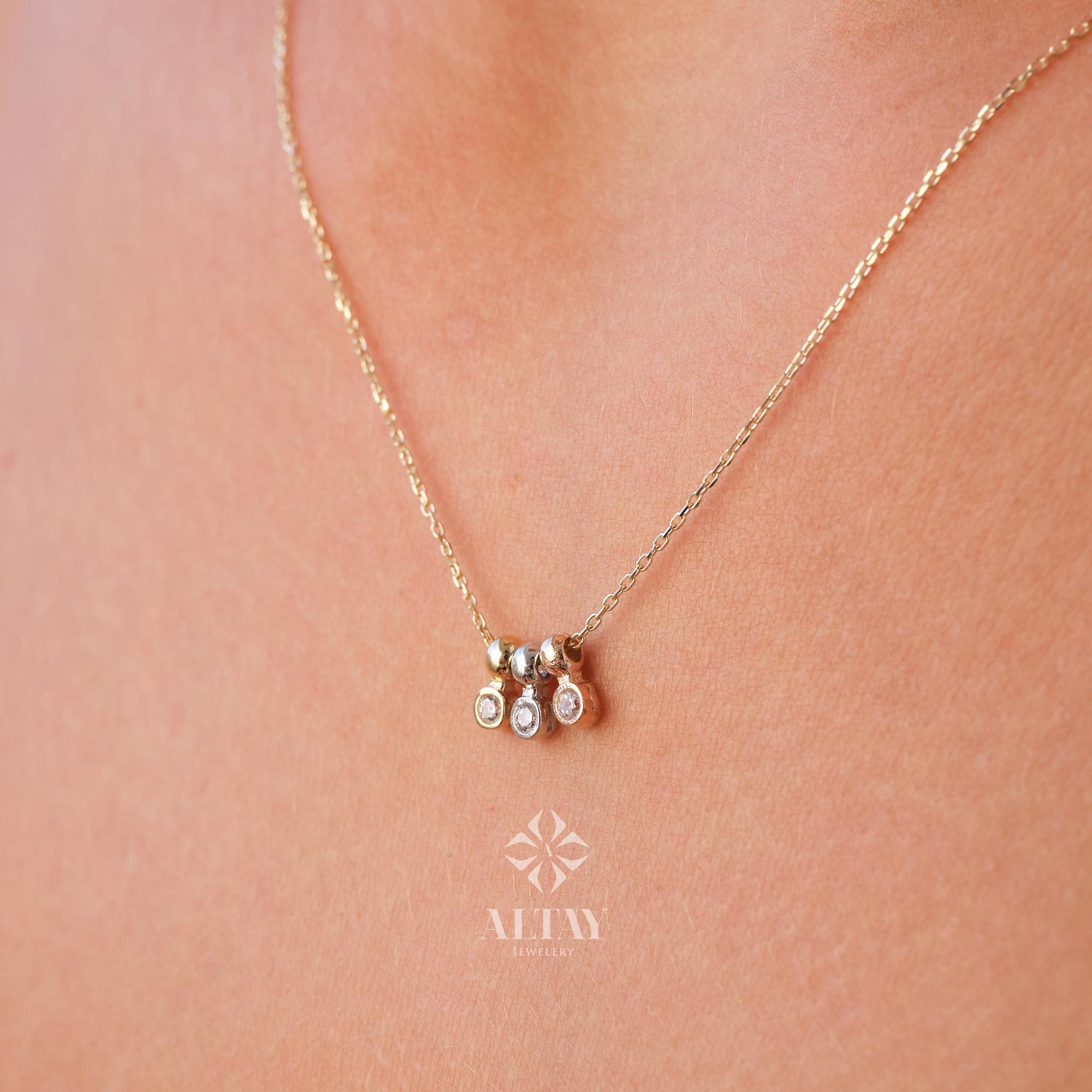 14K Gold Bezel Necklace, CZ Tri-Color Gold Charm, Natural Brilliant Cut Bezel Necklace, Dainty Gold Choker, Bridesmaid Gift, Christmas