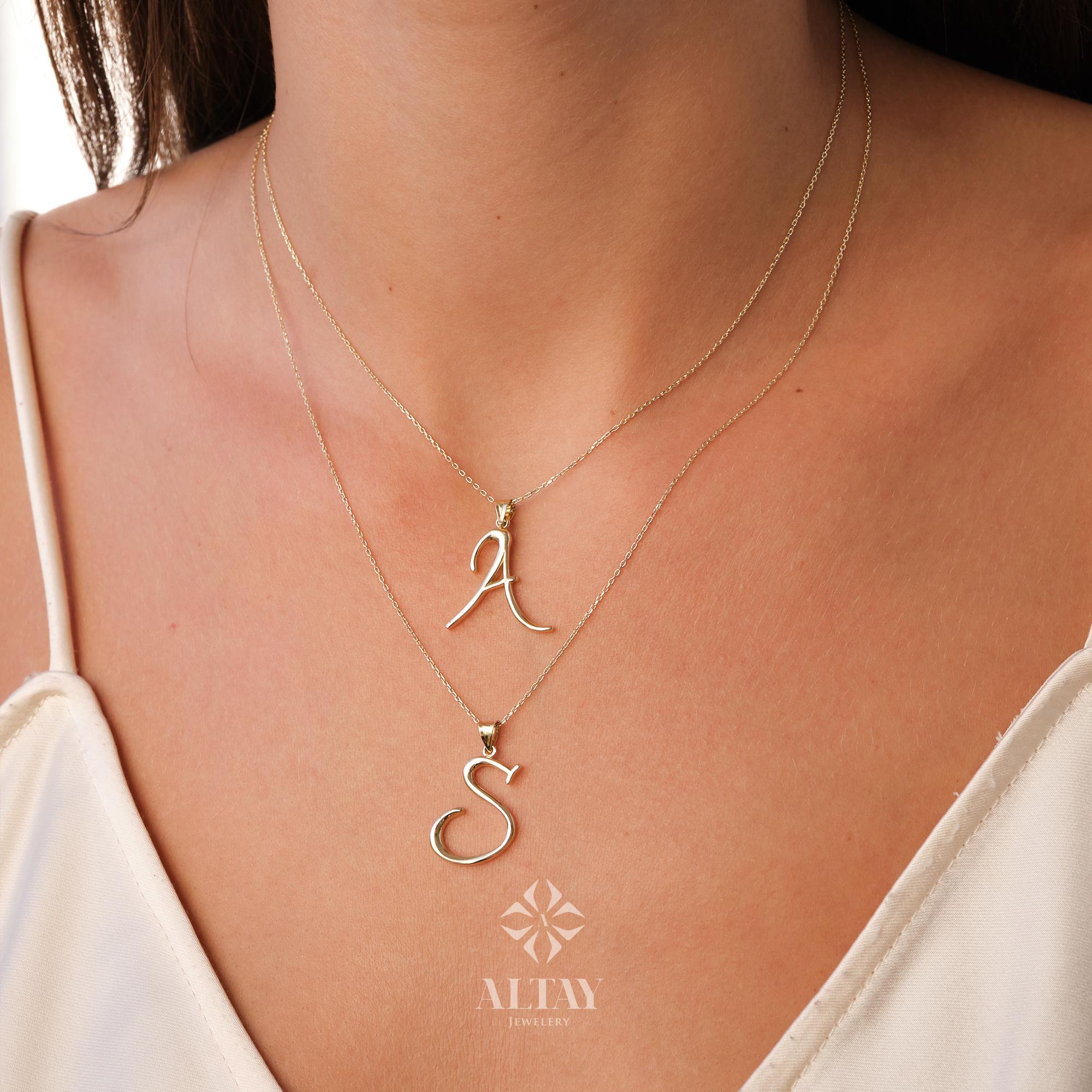 14K Gold Initial Necklace, Custom Cursive Letter Pendant, Real Gold Alphabet Charm Necklace, Personalized Gift for Her, Dainty Jewelry