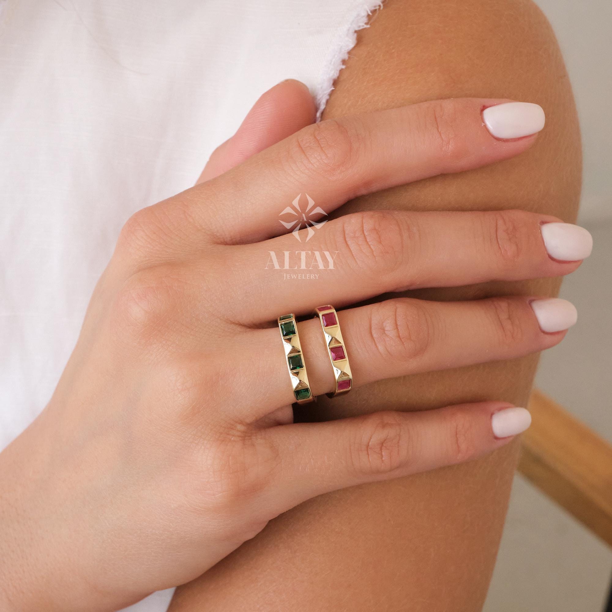 14K Gold Gemstone Ring, Colorful Stackable Ring, Square Stone Gold Band, Dainty Real Gold Ring, Green Red Pink Stone Ring