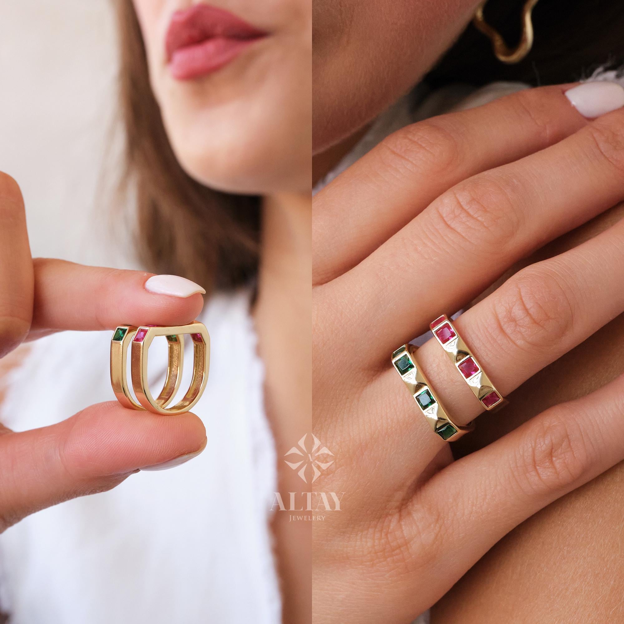 14K Gold Gemstone Ring, Colorful Stackable Ring, Square Stone Gold Band, Dainty Real Gold Ring, Green Red Pink Stone Ring