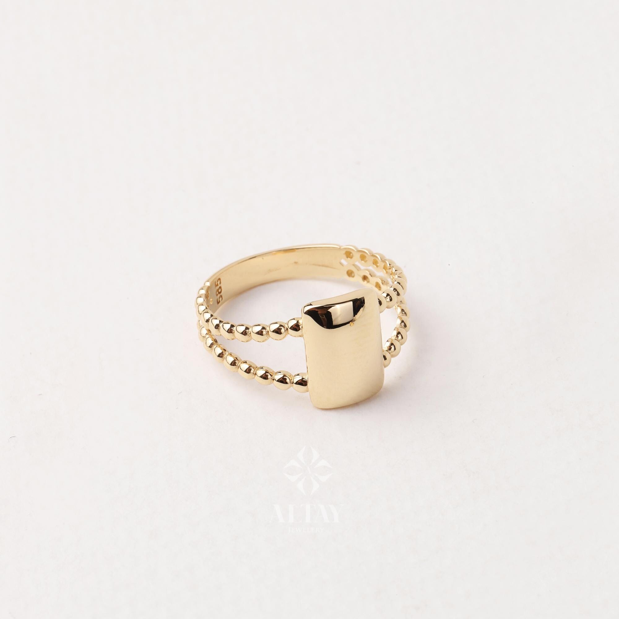 14K Gold Rectangle Name Ring, Plain Stacking Ring, Date Bar Nameplate, Stackable Knuckle, Custom Name Ring, Flower Engraved Personalized