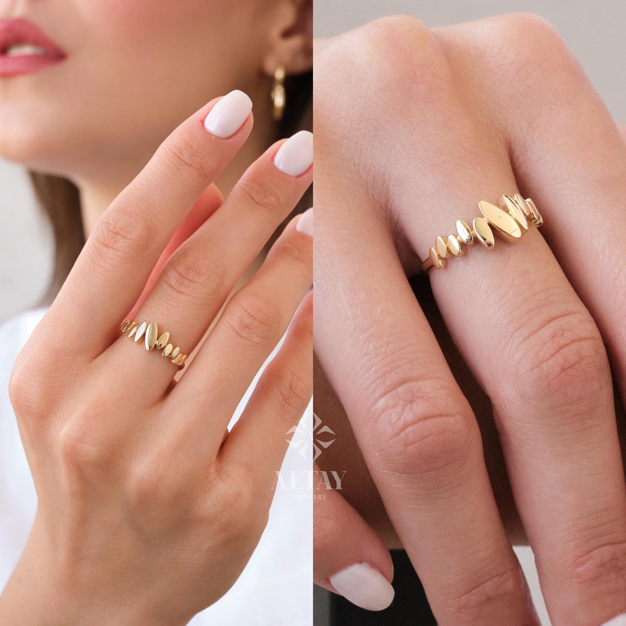 14K Gold Abstract Oval Ring, Modern Textured Gold Band, Dainty Real Gold Ring, Minimal Everyday Jewelry, Gift for Her