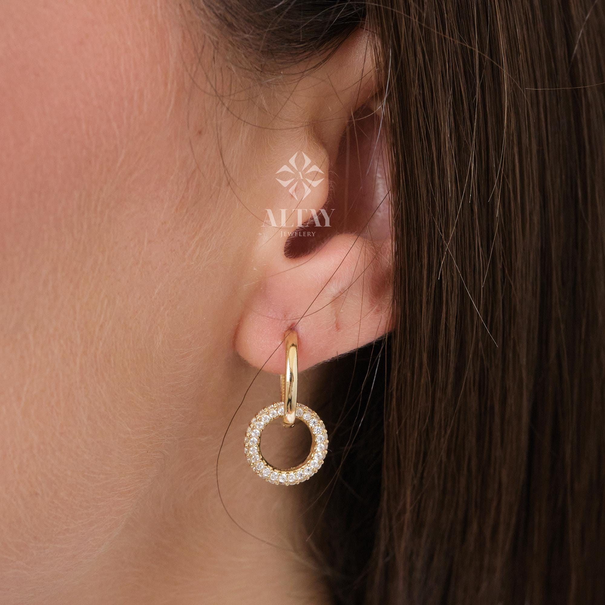 14K Gold Dangling Drop Earrings, Cz Diamond Earrings, Cartilage Upper Earlobe, Small Huggie Hoops, Bridal Earrings, Anniversary Gift