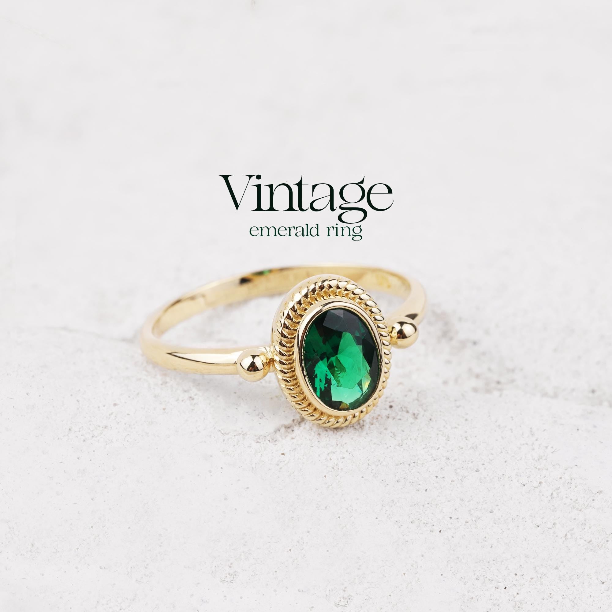 14K Gold Birthstone Ring, Emerald Gemstone Vintage Gold Stackable Ring, Dainty Gold Elegant Ring, Art Deco Wedding Band, Half Eternity Ring