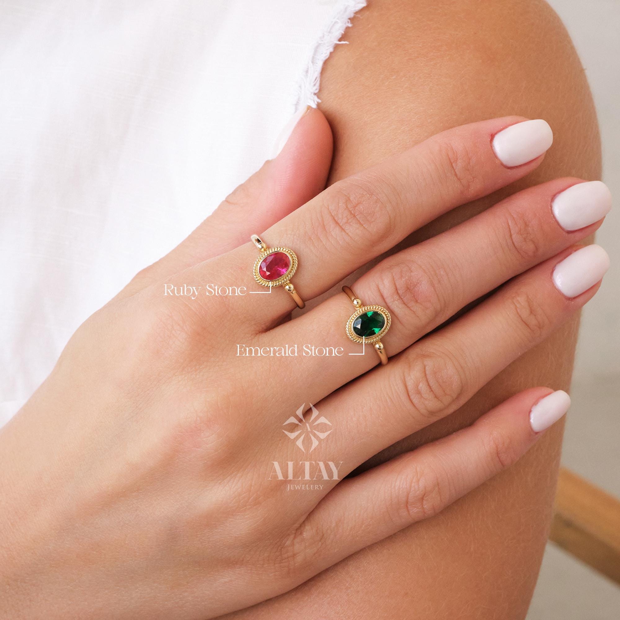 14K Gold Birthstone Ring, Emerald Gemstone Vintage Gold Stackable Ring, Dainty Gold Elegant Ring, Art Deco Wedding Band, Half Eternity Ring