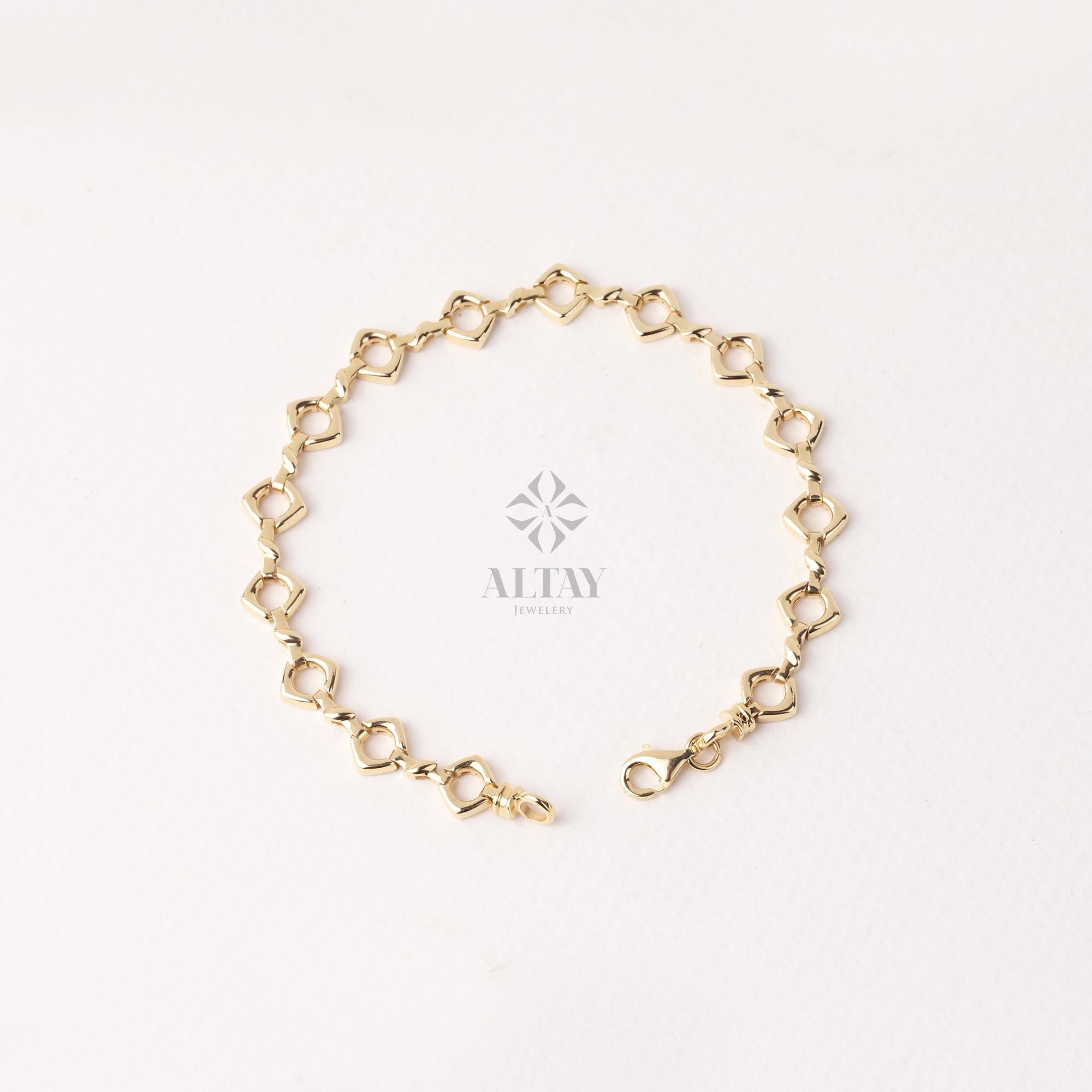 14K Gold Large Link Bracelet, Thick Square Chain Bracelet, Chunky Square Bracelet, Gold Statement Bracelet, Unique Round Chain Bracelet