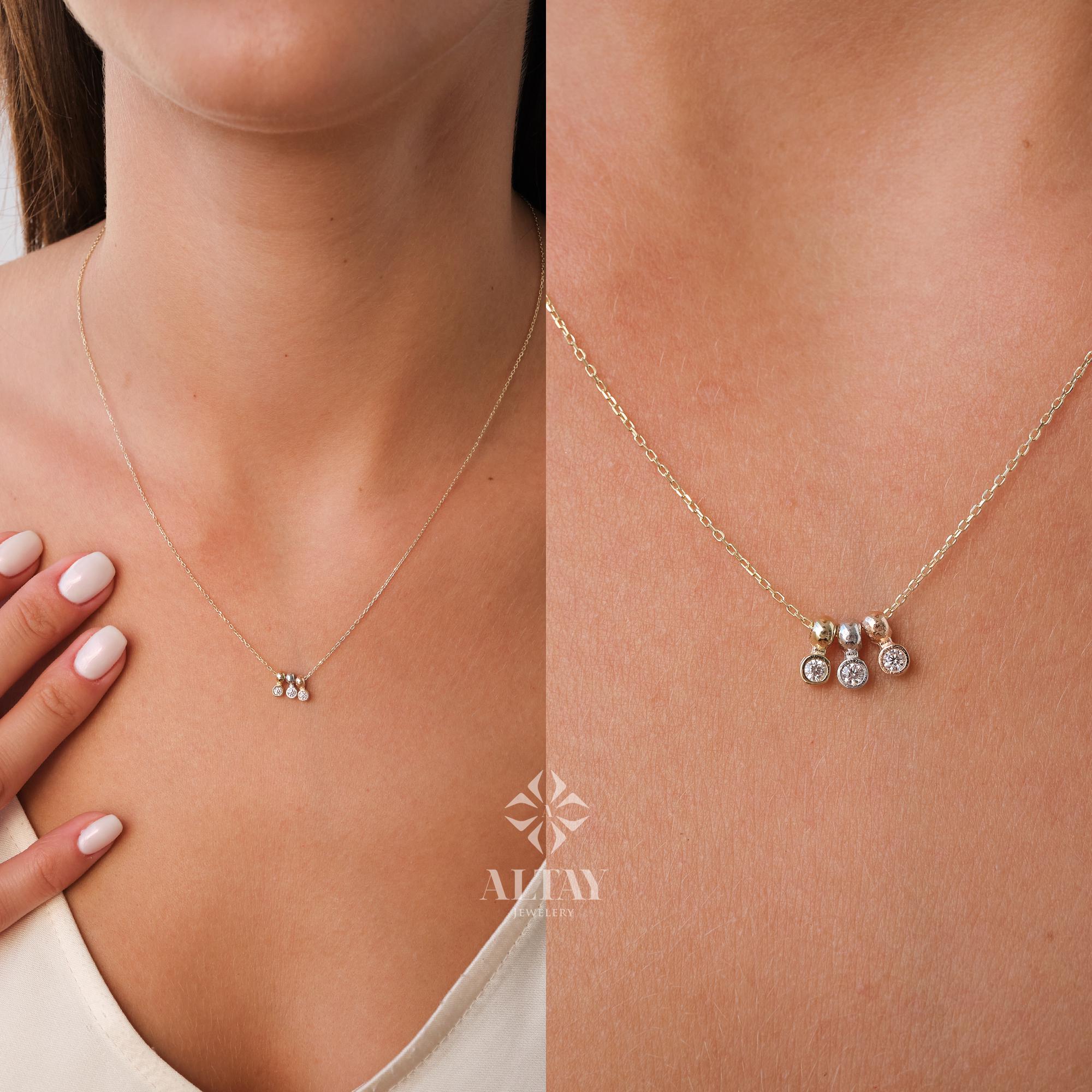 14K Gold Bezel Necklace, CZ Tri-Color Gold Charm, Natural Brilliant Cut Bezel Necklace, Dainty Gold Choker, Bridesmaid Gift, Christmas