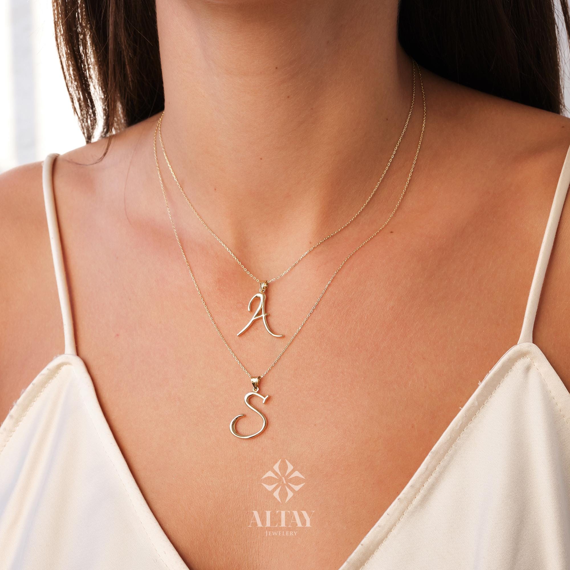 14K Gold Initial Necklace, Custom Cursive Letter Pendant, Real Gold Alphabet Charm Necklace, Personalized Gift for Her, Dainty Jewelry