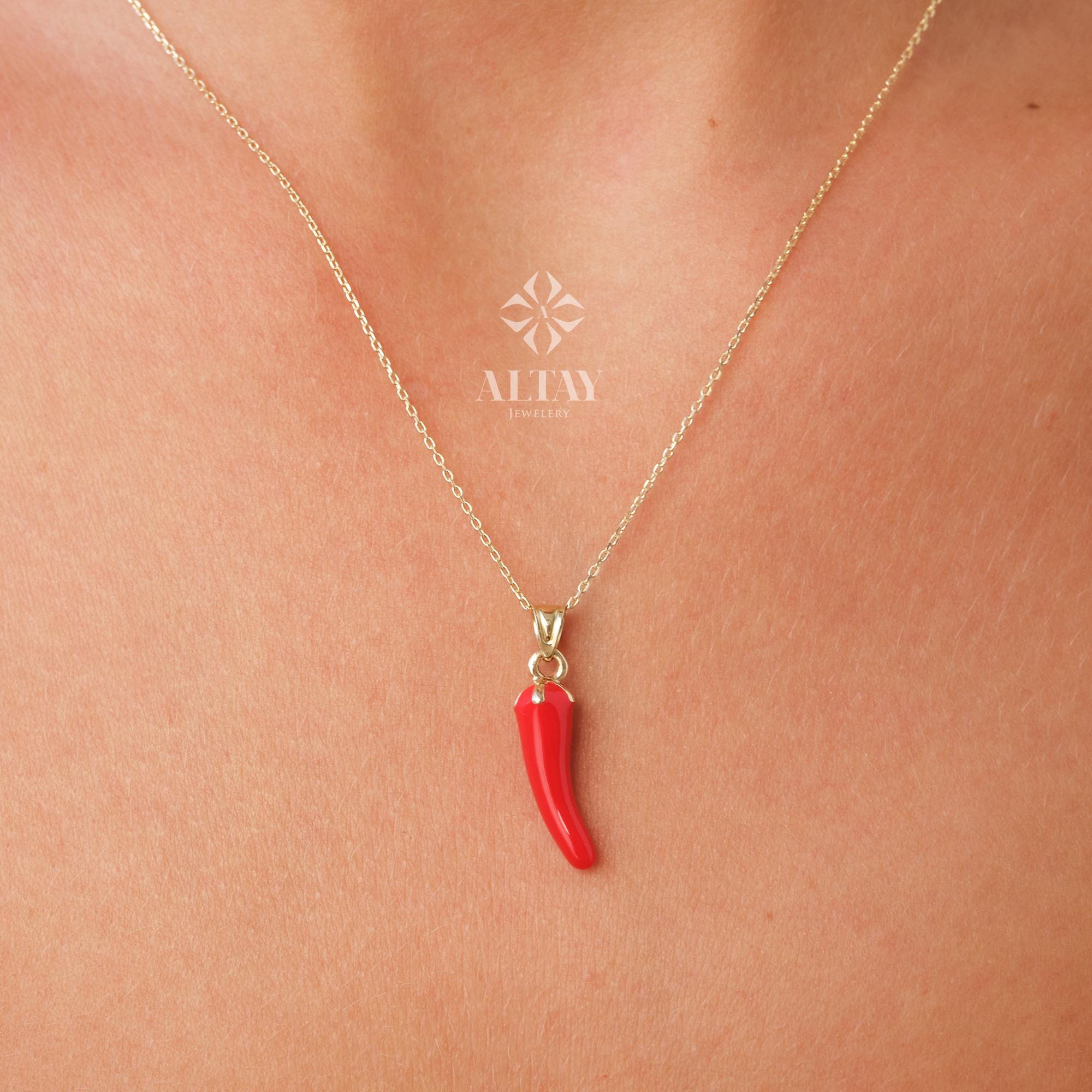 14K Gold Red Horn Necklace, Italian Cornicello Amulet, Chili Pepper Pendant, Lucky Talisman Jewelry, Evil Eye Protection Gift