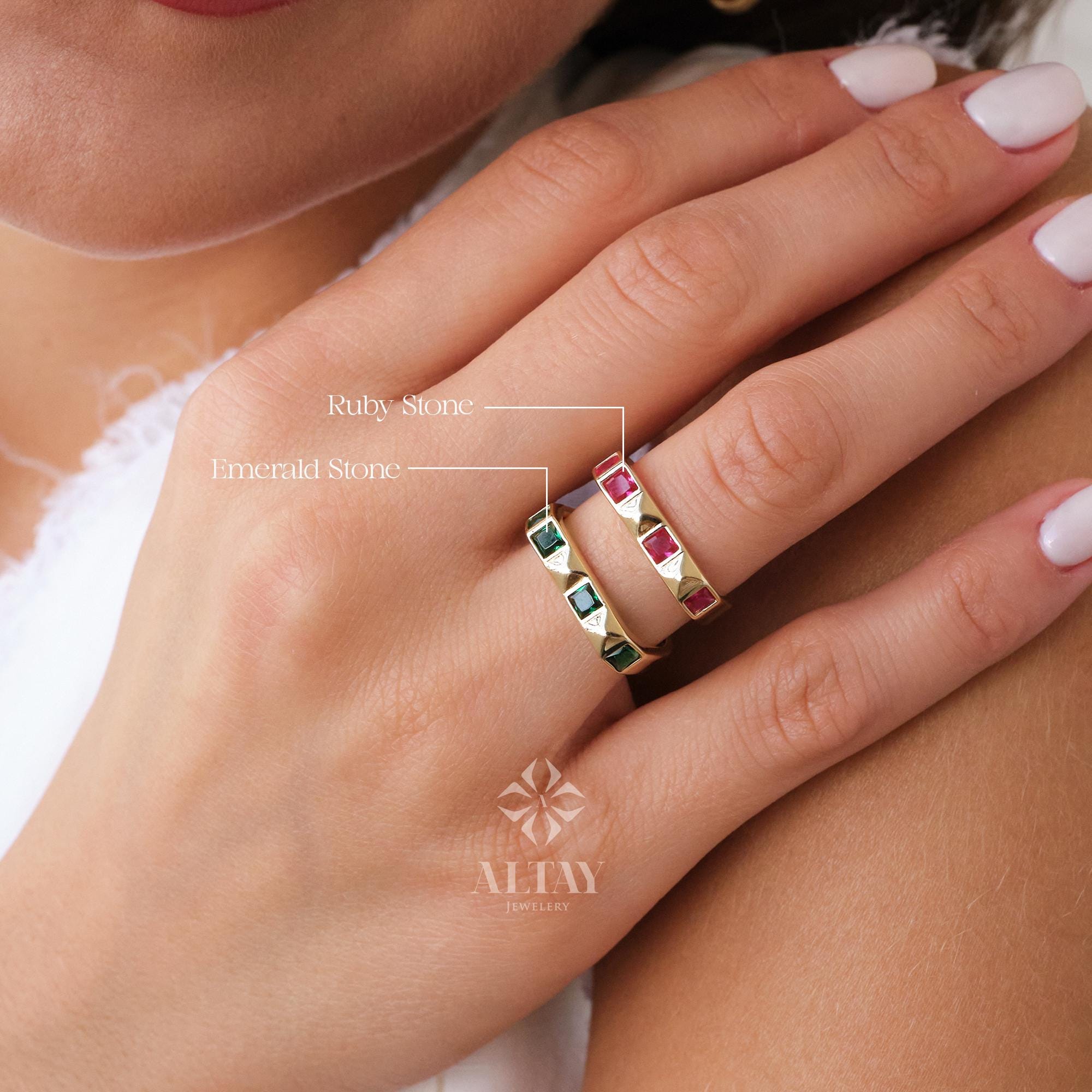 14K Gold Gemstone Ring, Colorful Stackable Ring, Square Stone Gold Band, Dainty Real Gold Ring, Green Red Pink Stone Ring