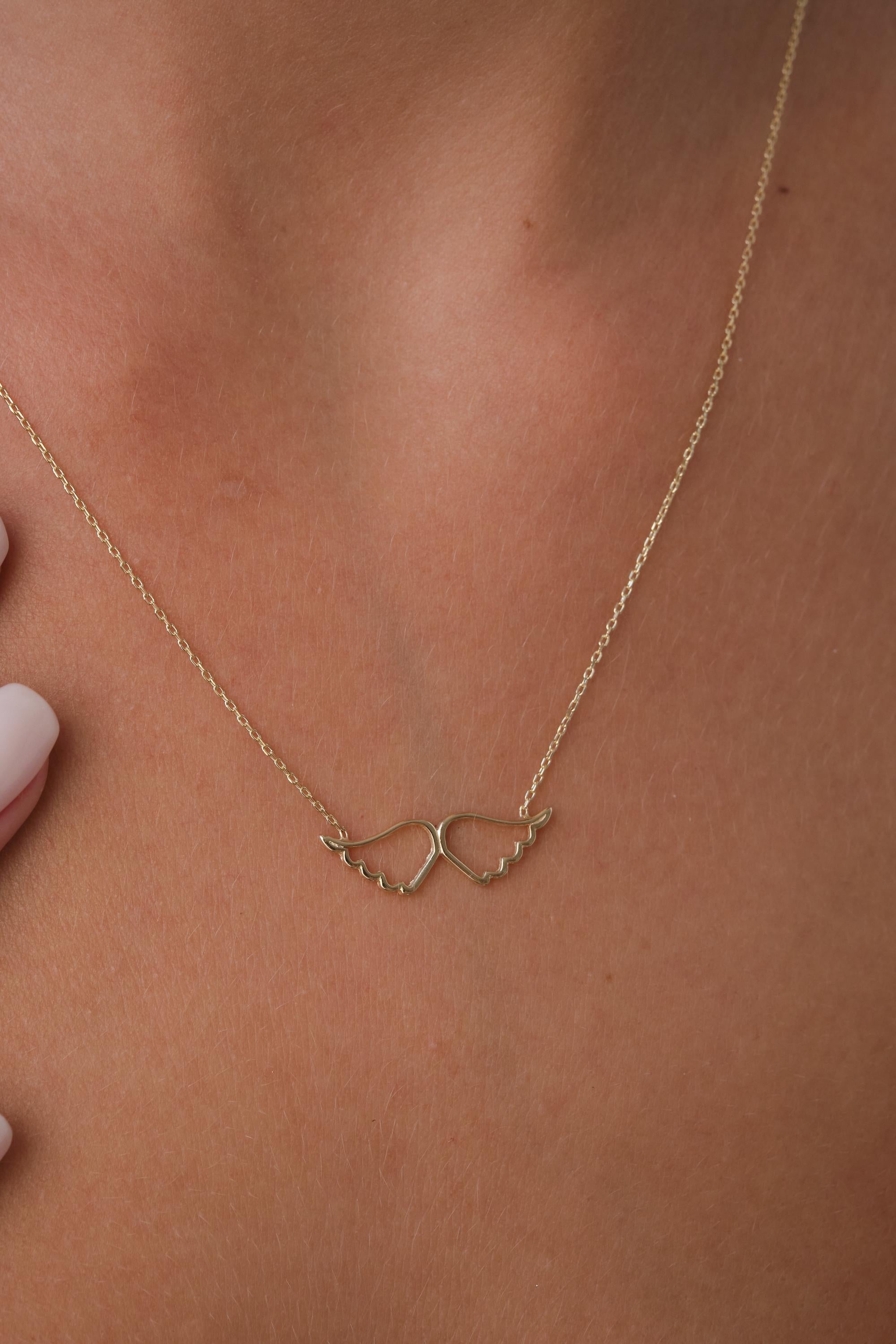 14K Gold Angel Wings Necklace, Open Wing Heart Pendant, Minimal Real Gold Necklace, Symbolic Love Jewelry, Meaningful Gift for Her