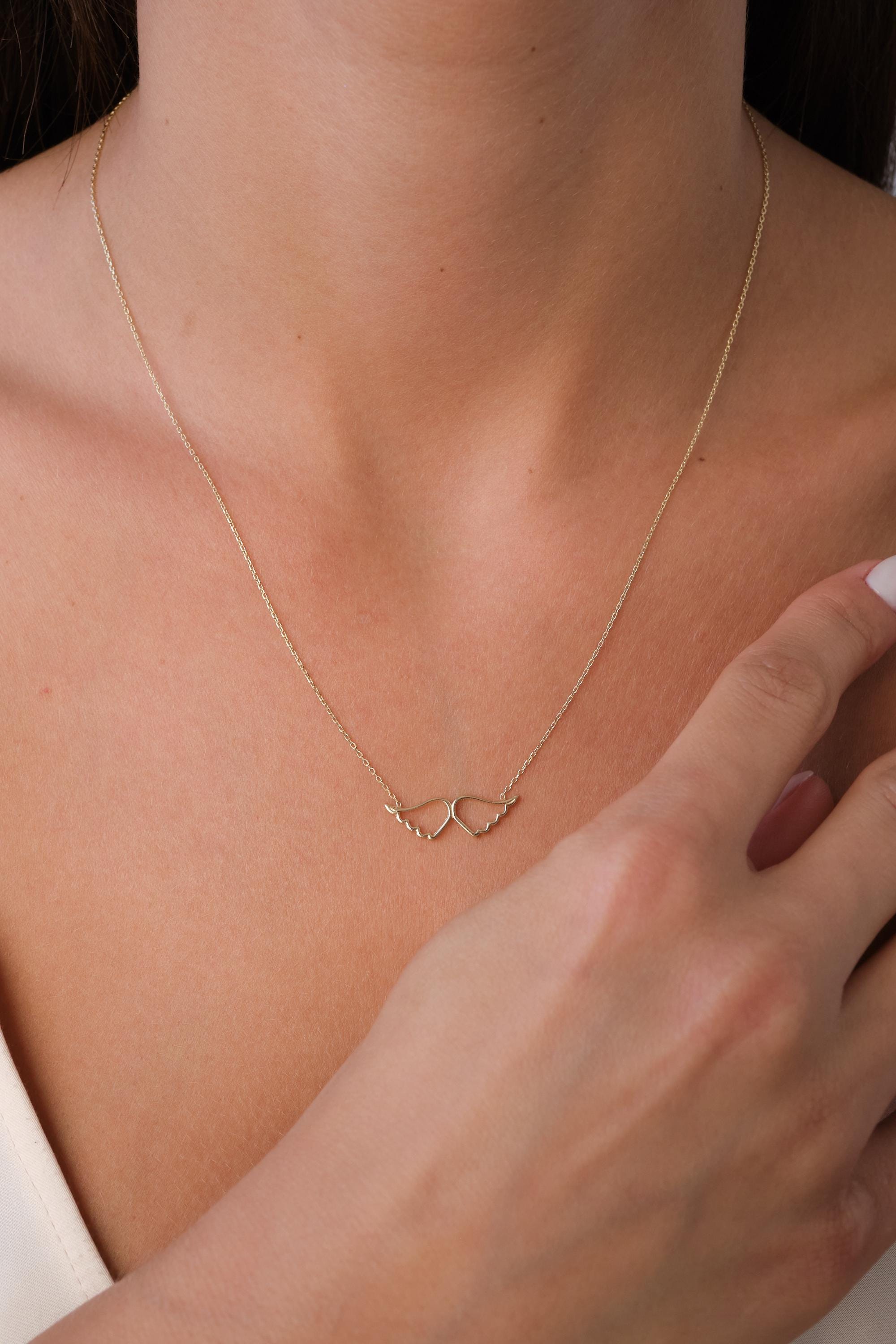 14K Gold Angel Wings Necklace, Open Wing Heart Pendant, Minimal Real Gold Necklace, Symbolic Love Jewelry, Meaningful Gift for Her